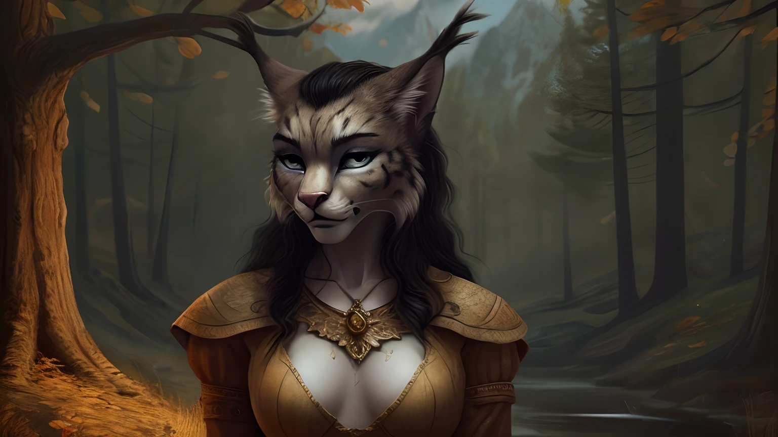 Khajiit from "the elder Scrolls", woman's, Seductive fitness body, grey fur, medium long black hair, Lynx ears with piercing, jewelry, hunting, mountains, Autumn Forest