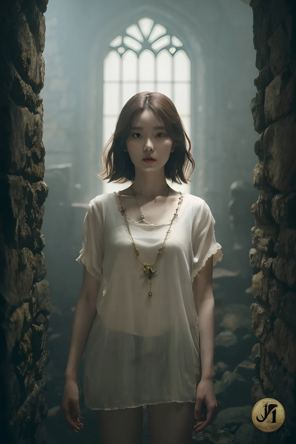 a woman standing in a stone archway with a cross on her necklace, iu lee ji-eun as a super villain, still from a live action movie, a still of an ethereal, still from a fantasy movie, movie still 8 k, 8 k movie still, cinematic. by leng jun, kwak ji young, heonhwa choe