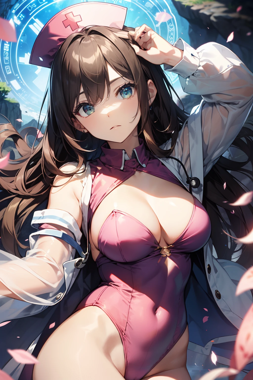 top-quality、Full limbs、complete fingers、Slender beauty、a 25yo woman、((poneyTail))、Brown hair、Beautiful Large Breasts、((Pink Nurse Leotard))、((Pink nurse hat))、White pantyhose、Red Cross、Serious face、((caves))、((Spread your arms to the sides))、Cast Recovery Magic、((A green magic circle appears in the palm of your hand))、is standing