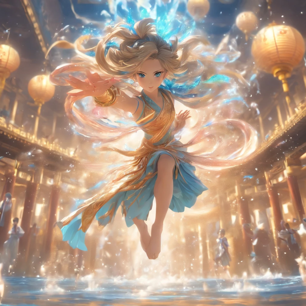 (Masterpiece, Best quality), 1girll(atenea_Asamiya Palace), Gymnastics girls,Rolling,highly detailed surreal vfx,China ink painting,Smudge,Jets of water surround you,Resistant to gravity water jets,Spiral,China-style,中景 the scene is,super-fine,ultra - detailed,high qulity,8K ,中景 the scene is,Full body like,oc rendered