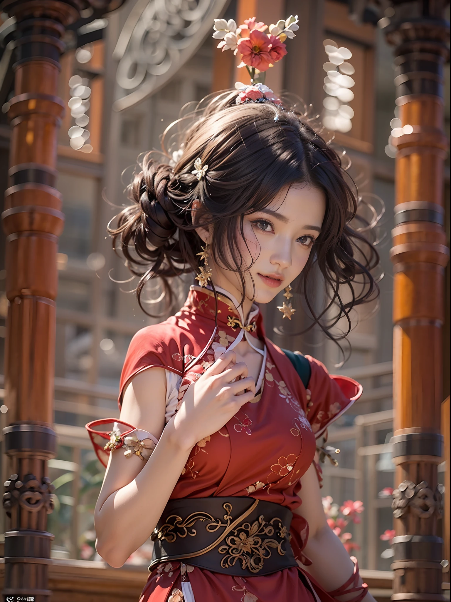 UHD, Masterpiece, High Quality, High Detail, Top Quality, Hi-Res, HD, 16k, 8k, 4K, Award-Winning BREAk, Surrealism, Realism, Depth of Field, Cinematic Lighting, Backlight, Symmetry, Bokeh, f/1.8, Eye Level Shot, 35mm, Hasselblad, Very Delicate and Beautiful, Very Detailed, Amazing, Fine Detail, Masterpiece, Best Quality, Official Art, Absurd, Incredibly ridiculous, Ultra detailed, High Definition, Very detailed, Beautiful detailed girl, ((Cowboy Shot: 1.25)), Break, Hair behind the ears, (Serious smile: 1.35), Very detailed eyes and face, Beautiful detailed eyes, Face light, 18 years old, (Red luxury cheongsam: 1.3), (Fantasy themed clothes: 1.3), Detailed clothes, (black long straight hairstyle: 1.2), detailed hair, (slender: 1.15), (huge breasts: 1.25), perfect anatomy, perfect proportions, (Ancient Chinese room background: 1.25), detailed background, (looking at the viewer, facing the viewer: 1.15), (seductive model pose, ancient Chinese chamber light, cinematic lighting.