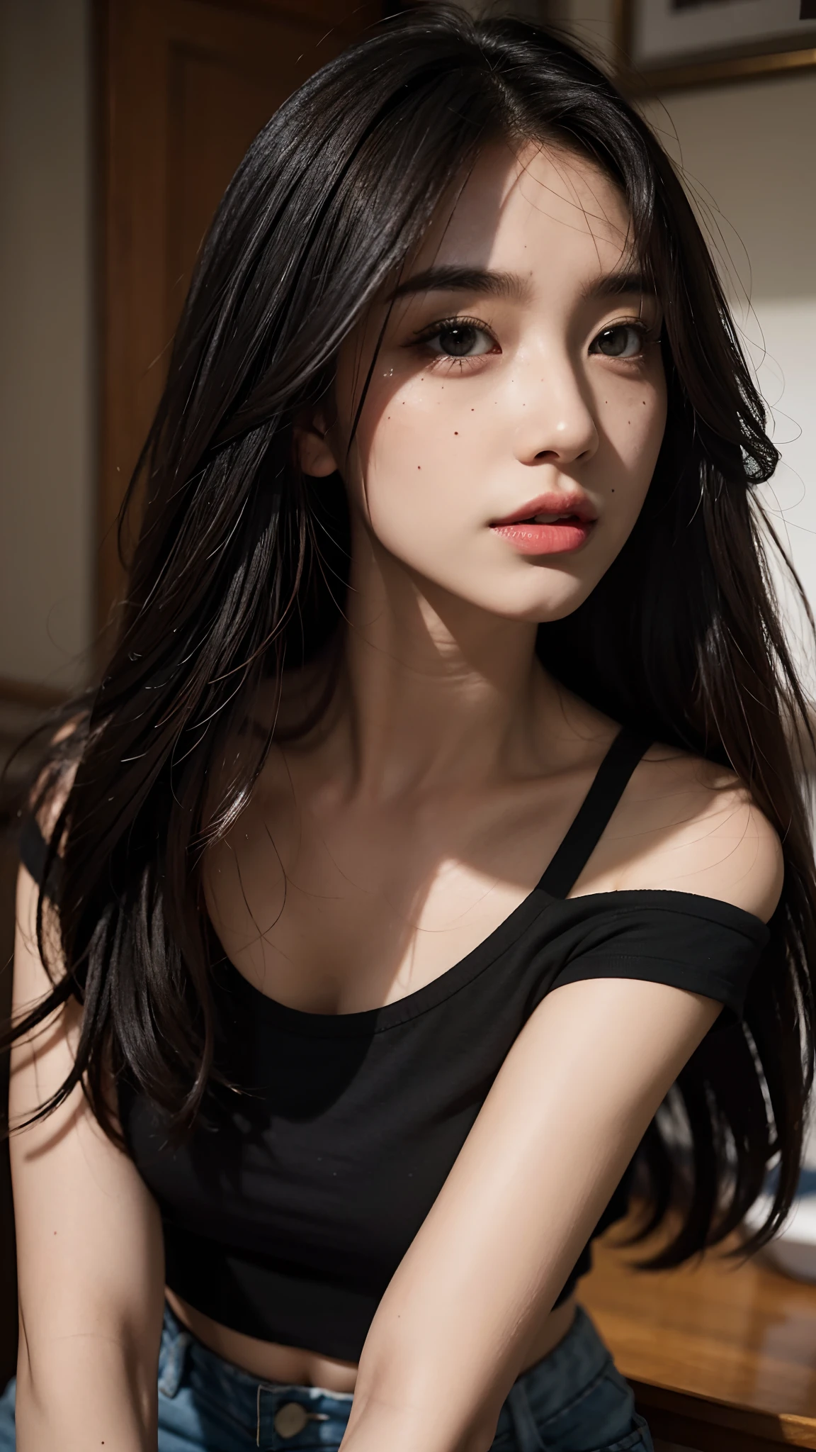 hyperrealistic, illustration, high resolution, 8K, extremely detailed, best illustration, beautiful detailed eyes, best quality, super detailed, masterpiece, wallpaper, detailed face, solo, 1 girl, black wavy hair, korean, heterochromic eyes, small moles under the eyes, black t-shirt top, bare shoulders, pants underneath, tight abs, chest leakage, background park, attractive pose,