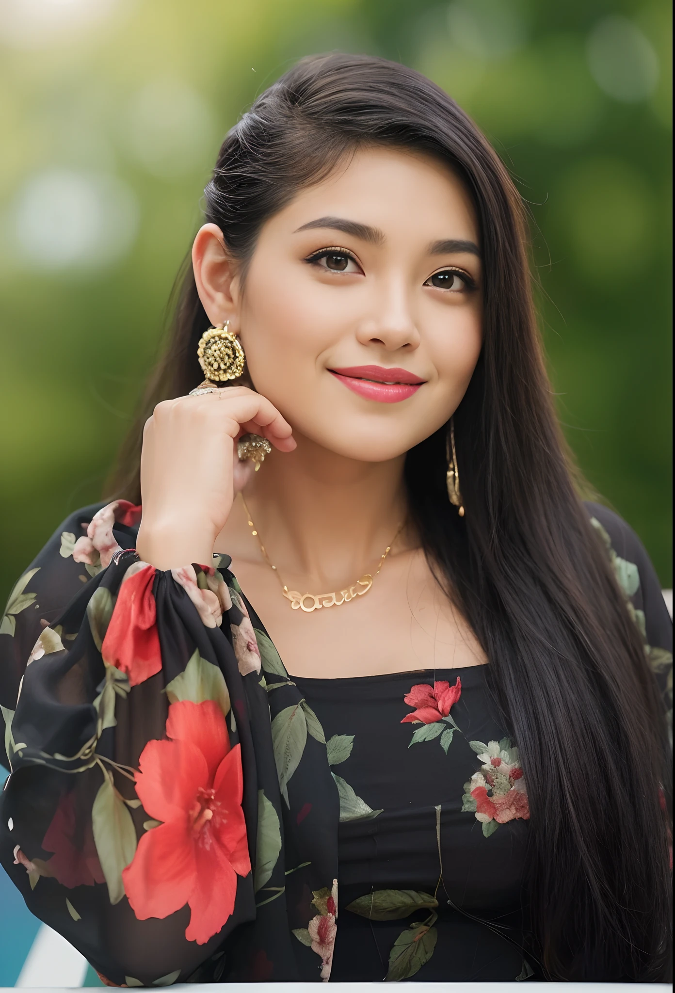 最high quality, 8k, Vibrant, Sharp focus, high quality, High resolution, Middle-aged women, Beautiful woman, Age 35, (Esbian all over), (Facial details in high heels, Highly detailed eyes, Thick lips, Plump figure, Beautifully styled hair, Cleavage, Brightly colored patterned dress、The background is a nearby park