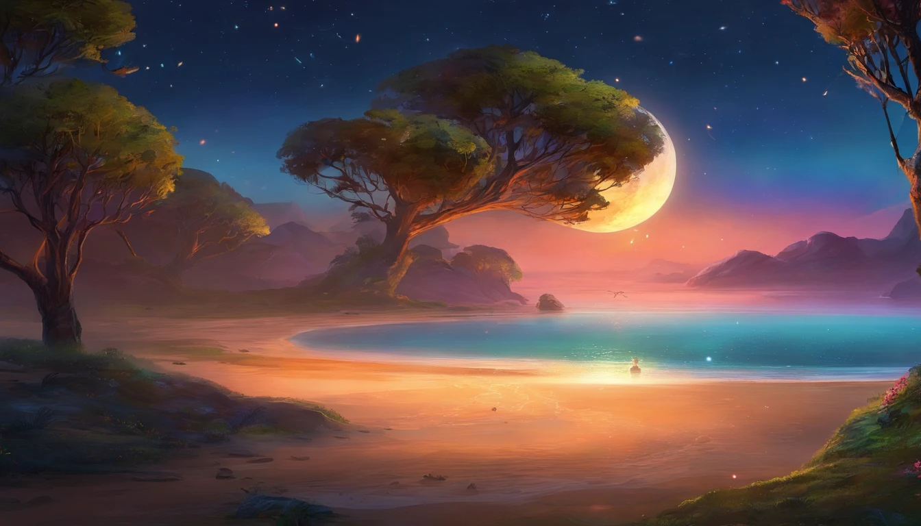 A small isolated island showing only the edge of the beach in the lower right corner with a city with large buildings far away in the background, noite brilhante, Starry night sky, ilha no meio do mar, cidade distante no horizonte, (lua cheia: 1.2), (estrelas cadentes: 0.9), (fonte de luz quente: 1.2), (Firefly: 1.2), lamp, luz roxa e azul neon,luzes magicasm detalhes complexos, volumeric lighting (obra-prima: 1.2), (melhor qualidade), 4k, ultradetalhado , (dynamic compositing: 1.4), detalhes coloridos altamente detalhados (cores iridescentes: 1.2), (bright illumination, Atmospheric Illumination), sonhador, magica, (solo: 1.2)