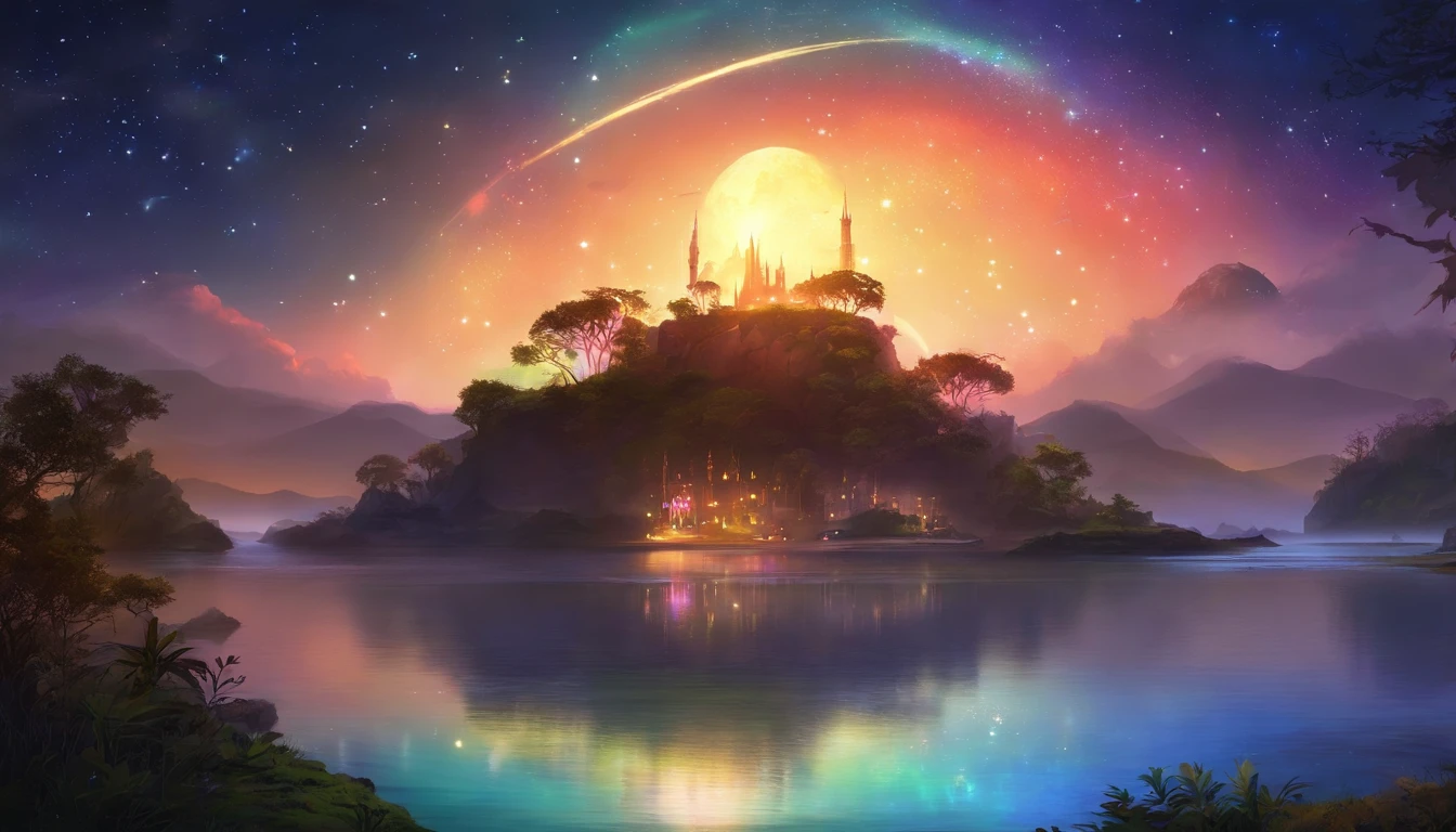 A small isolated island showing only the edge of the beach in the lower right corner with a city with large buildings far away in the background, noite brilhante, Starry night sky, ilha no meio do mar, cidade distante no horizonte, (lua cheia: 1.2), (estrelas cadentes: 0.9), (fonte de luz quente: 1.2), (Firefly: 1.2), lamp, luz roxa e azul neon,luzes magicasm detalhes complexos, volumeric lighting (obra-prima: 1.2), (melhor qualidade), 4k, ultradetalhado , (dynamic compositing: 1.4), detalhes coloridos altamente detalhados (cores iridescentes: 1.2), (bright illumination, Atmospheric Illumination), sonhador, magica, (solo: 1.2)