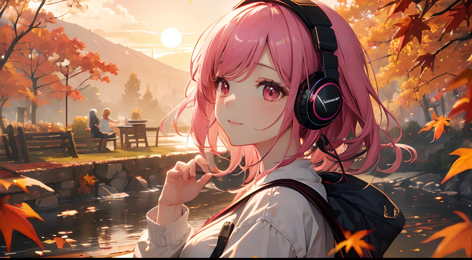 ​masterpiece、top-quality、Movie stills、1girl in、Landscape of autumn leaves、pink shorth hair、headphones、with light glowing、Happiness、Warm and soft lighting、Sunset of autumn leaves、(Spark:0.7)