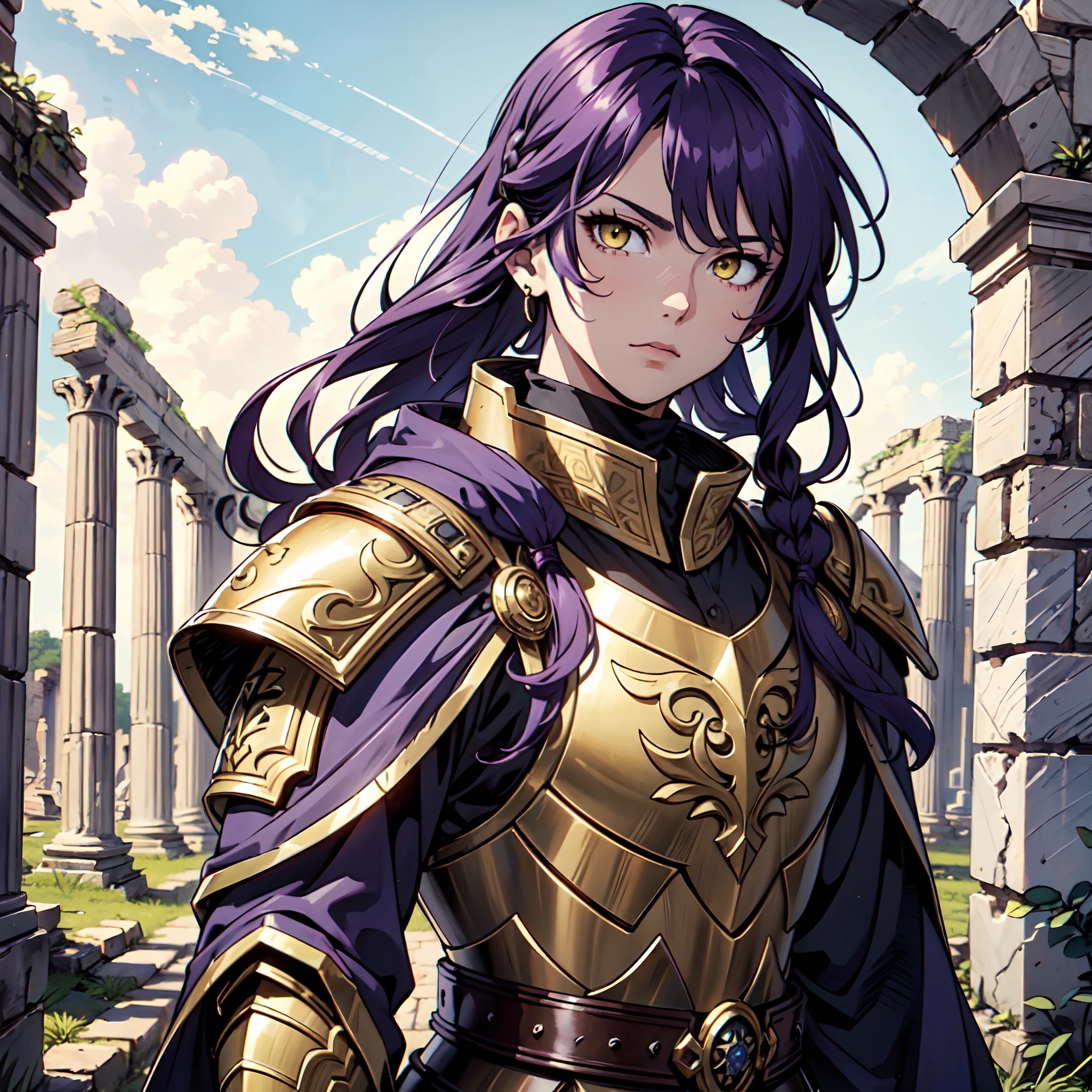 Ultra High Definition,
Ultra High Quality,
Hyper Definition,
Hyper Quality,
Hyper Detailed,
Extremely Detailed,
Perfectly Detailed,
Masterpiece,
8k,
1 Boy,
Anime,
Long Purple Hair,
Under Cut Hairstyle,
Solid Yellow Eyes,
Handsome,
Armored With Roman Emperor Armor,
Ancient Roman Empire Ruins Background,