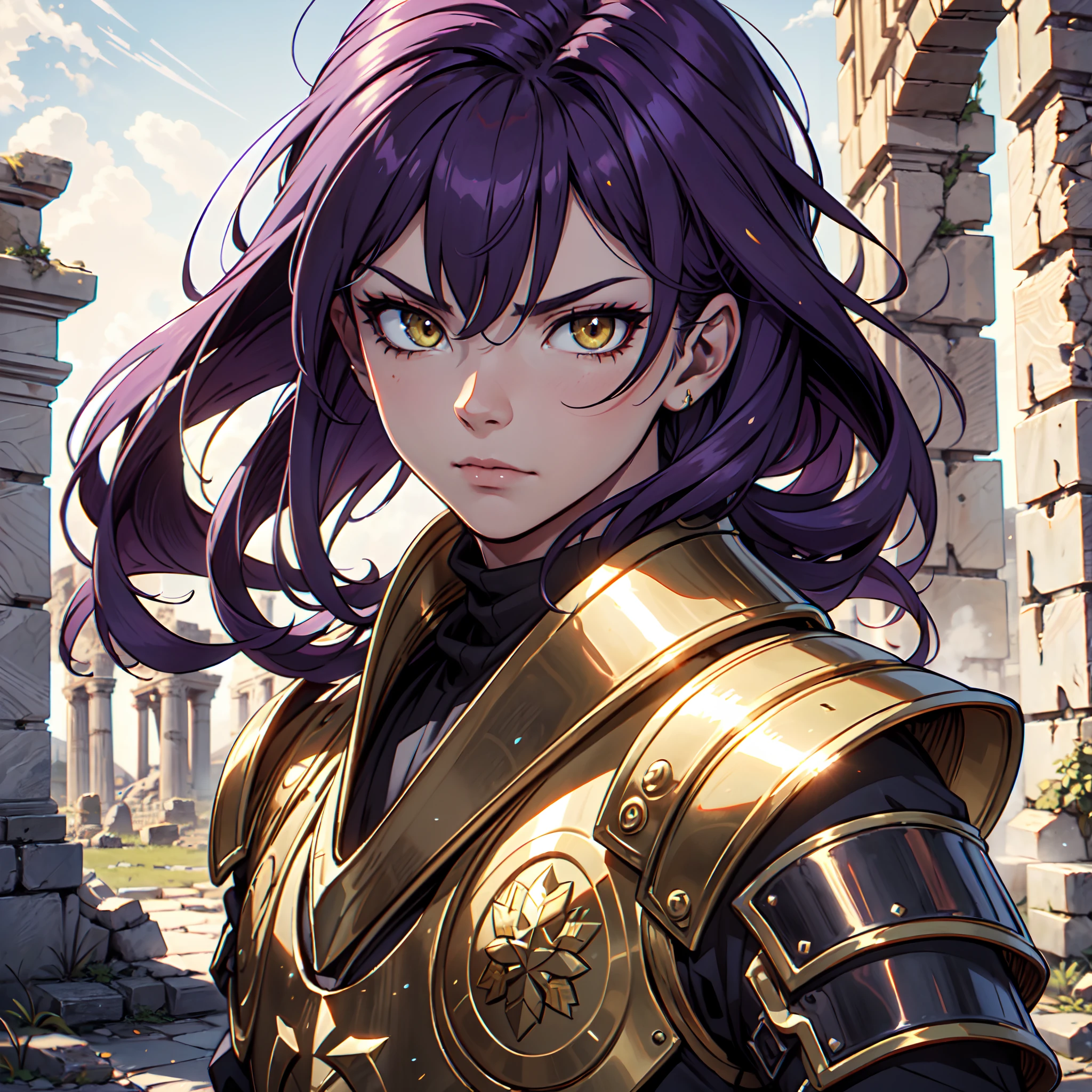 Ultra High Definition,
Ultra High Quality,
Hyper Definition,
Hyper Quality,
Hyper Detailed,
Extremely Detailed,
Perfectly Detailed,
Masterpiece,
8k,
1 Boy,
Anime,
Long Purple Hair,
Under Cut Hairstyle,
Solid Yellow Eyes,
Handsome,
Armored With Roman Emperor Armor,
Ancient Roman Empire Ruins Background,