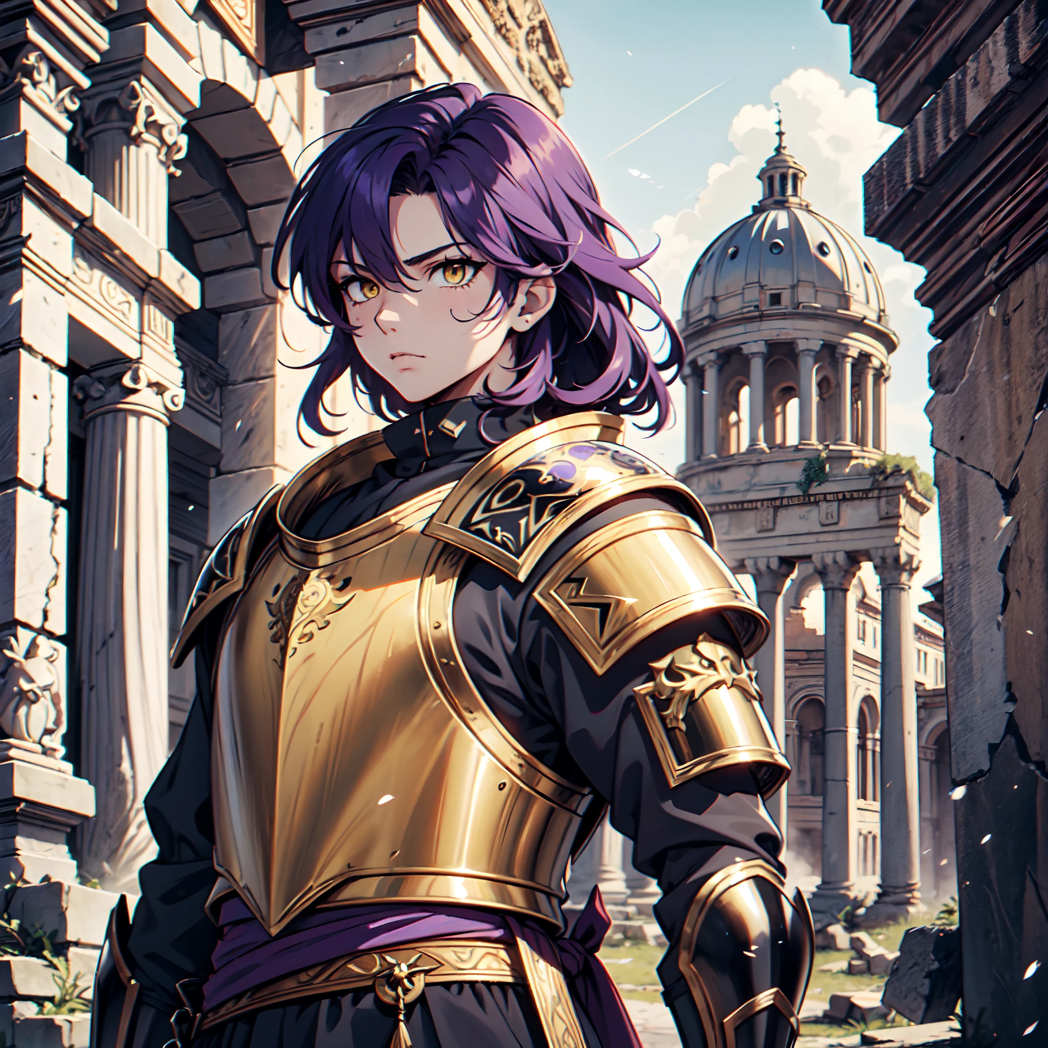 Ultra High Definition,
Ultra High Quality,
Hyper Definition,
Hyper Quality,
Hyper Detailed,
Extremely Detailed,
Perfectly Detailed,
Masterpiece,
8k,
1 Boy,
Anime,
Long Purple Hair,
Under Cut Hairstyle,
Solid Yellow Eyes,
Handsome,
Armored With Roman Emperor Armor,
Ancient Roman Empire Ruins Background,