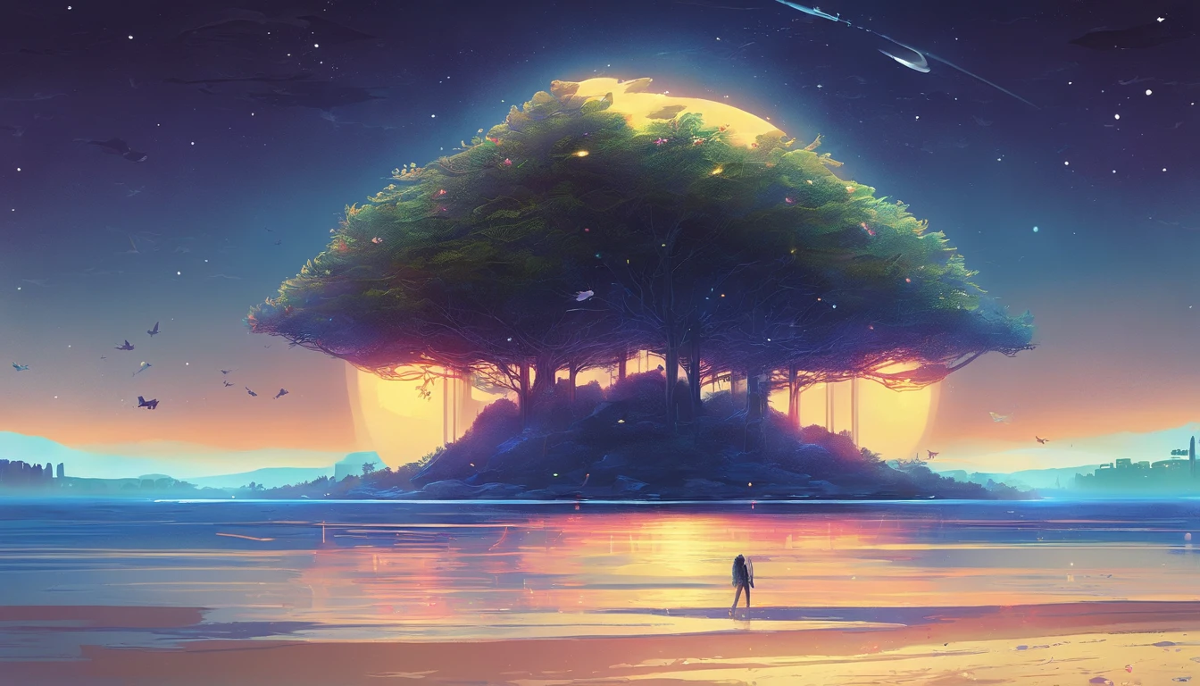 A small isolated island showing only the edge of the beach in the lower right corner with a city with large buildings far away in the background, noite brilhante, Starry night sky, ilha no meio do mar, cidade distante no horizonte, (lua cheia: 1.2), (estrelas cadentes: 0.9), (fonte de luz quente: 1.2), (Firefly: 1.2), lamp, luz roxa e azul neon,luzes magicasm detalhes complexos, volumeric lighting (obra-prima: 1.2), (melhor qualidade), 4k, ultradetalhado , (dynamic compositing: 1.4), detalhes coloridos altamente detalhados (cores iridescentes: 1.2), (bright illumination, Atmospheric Illumination), sonhador, magica, (solo: 1.2)