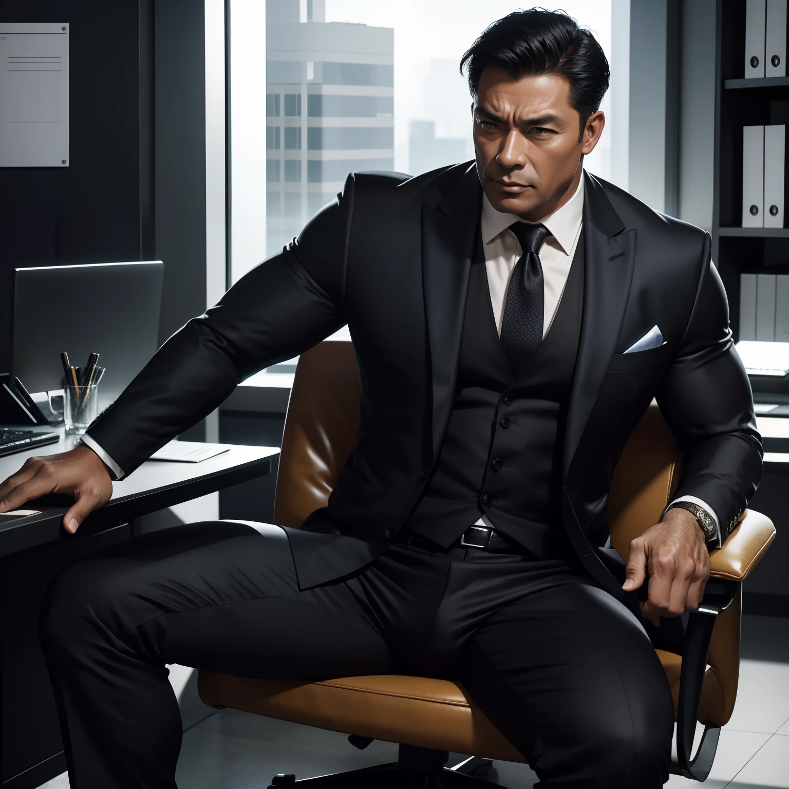 50 years old,daddy,shiny suit sit down,k hd,in the office,muscle, gay ,black hair,asia face,masculine,strong man,the boss is horny