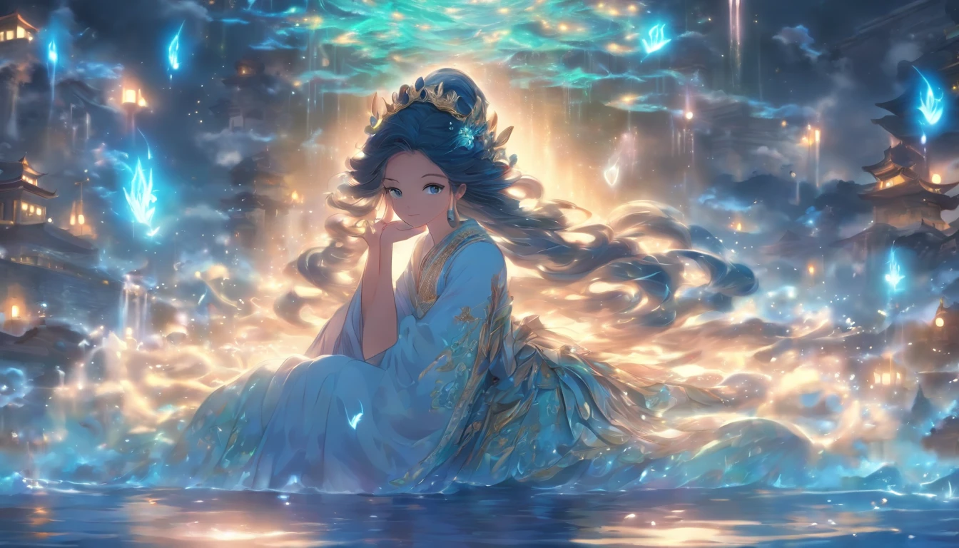 (Masterpiece, Best quality), 1girll(atenea_Asamiya Palace), Cute dress, Long black hair, Sitting, Beautiful outdoor background, Night, forest,highly detailed surreal vfx,China ink painting,water ink,ink,Smudge,water sphere,Jets of water surround you,Resistant to gravity water jets,Spiral,China-style,中景 the scene is,super-fine,ultra - detailed,high qulity,8K ,Sharply focus the eyes,中景 the scene is,Full body like,oc rendered
