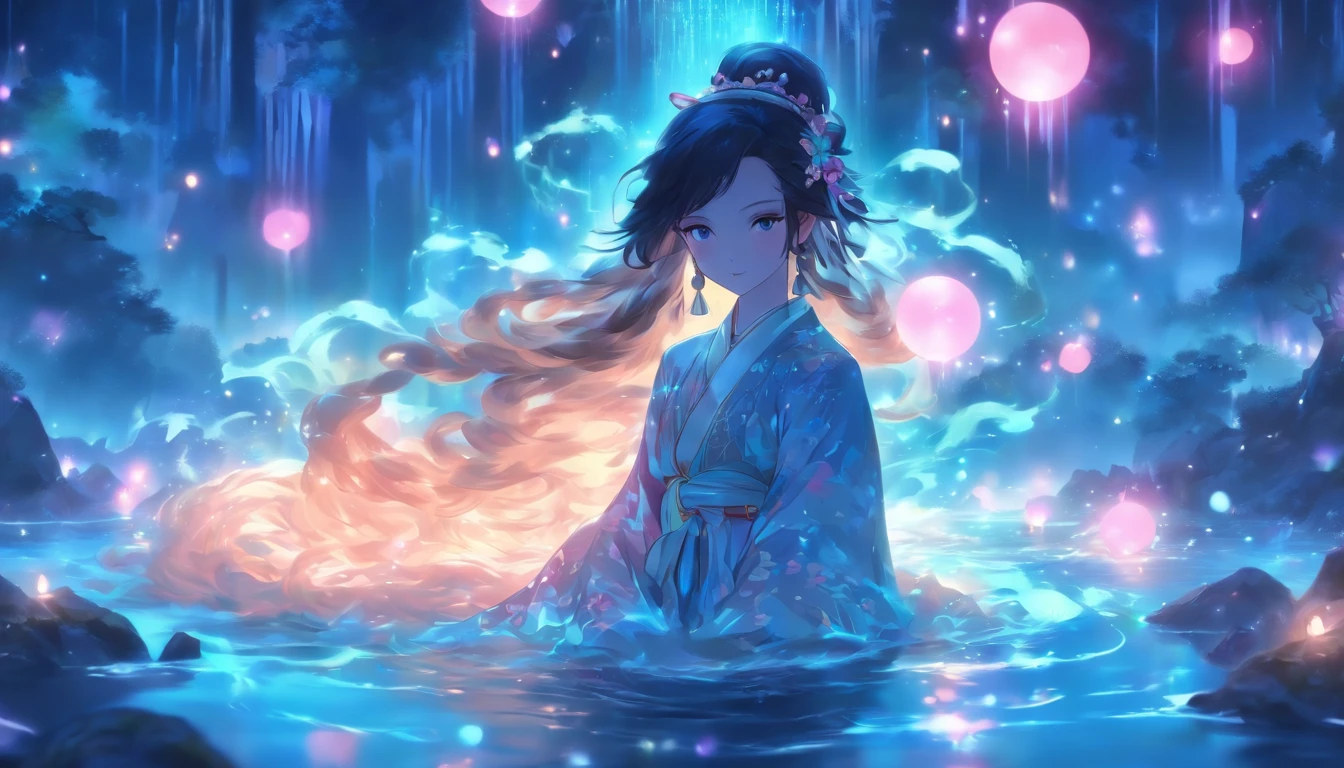 (Masterpiece, Best quality), 1girll(atenea_Asamiya Palace), Cute dress, Long black hair, Sitting, Beautiful outdoor background, Night, forest,highly detailed surreal vfx,China ink painting,water ink,ink,Smudge,water sphere,Jets of water surround you,Resistant to gravity water jets,Spiral,China-style,中景 the scene is,super-fine,ultra - detailed,high qulity,8K ,Sharply focus the eyes,中景 the scene is,Full body like,oc rendered