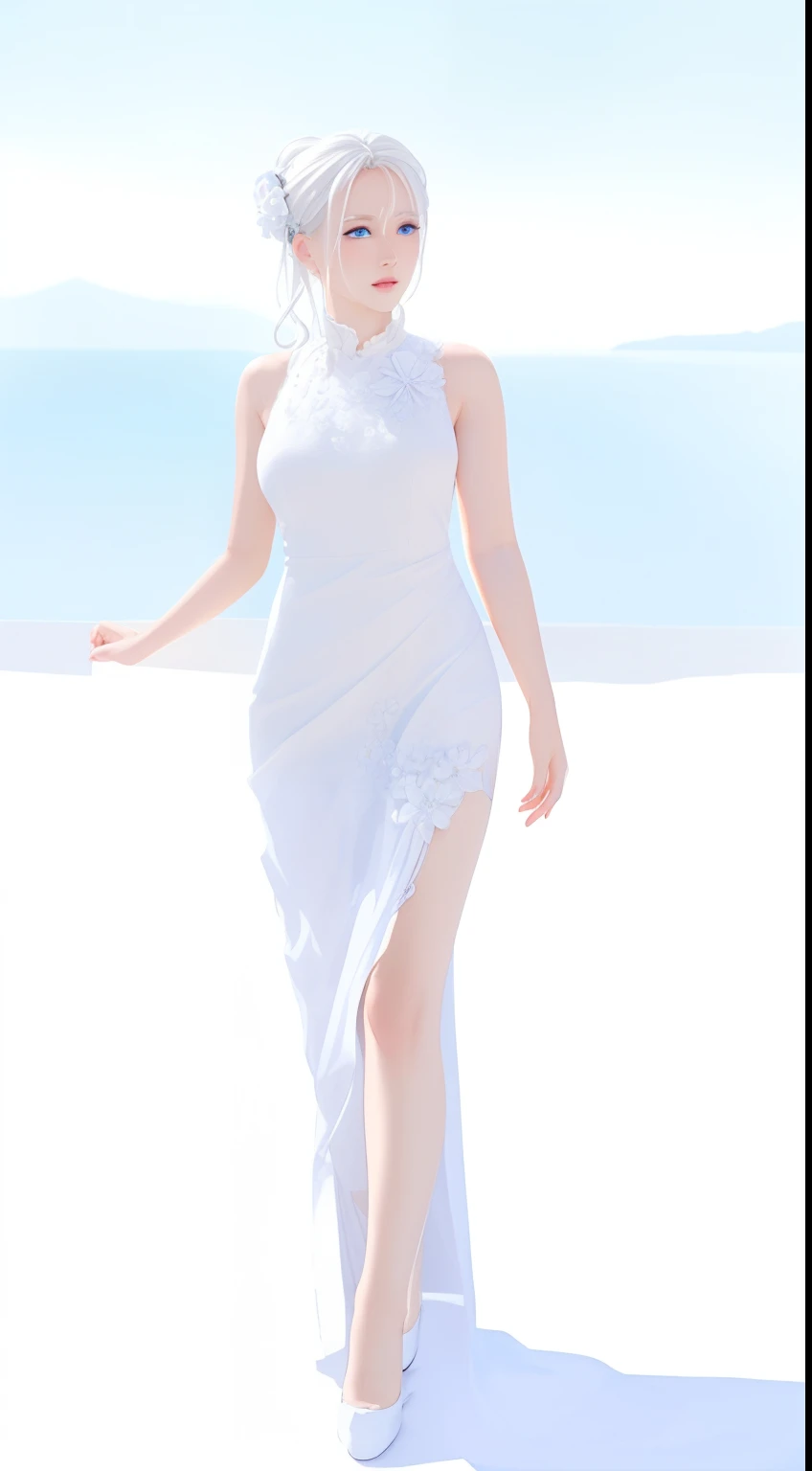 very beautiful girl, hair tied back, white hair, flower decorations in her hair, pure white skin, very detailed blue eyes, pink lips, standing, slightly angry facial expression, wearing a white dress, all white, scenic background very beautiful and detailed, (very detailed), (4k ultra hd), (full body image)
