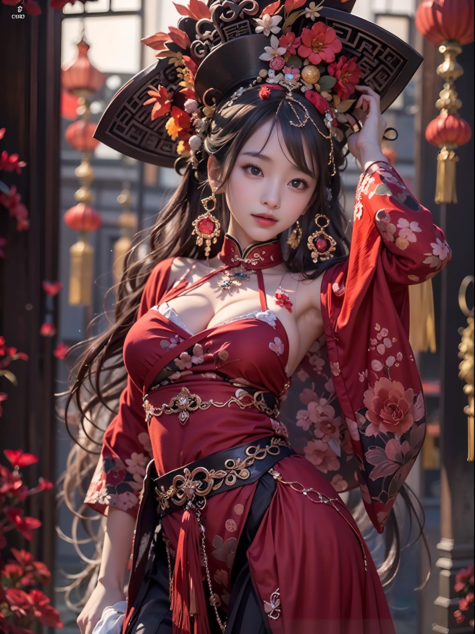 UHD, Masterpiece, High Quality, High Detail, Top Quality, Hi-Res, HD, 16k, 8k, 4K, Award-Winning BREAk, Surrealism, Realism, Depth of Field, Cinematic Lighting, Backlight, Symmetry, Bokeh, f/1.8, Eye Level Shot, 35mm, Hasselblad, Very Delicate and Beautiful, Very Detailed, Amazing, Fine Detail, Masterpiece, Best Quality, Official Art, Absurd, Incredibly ridiculous, Ultra detailed, High Definition, Very detailed, Beautiful detailed girl, ((Cowboy Shot: 1.25)), Break, Hair behind the ears, (Serious smile: 1.35), Very detailed eyes and face, Beautiful detailed eyes, Face light, 18 years old, (Red luxury cheongsam: 1.3), (Fantasy themed clothes: 1.3), Detailed clothes, (black long straight hairstyle: 1.2), detailed hair, (slender: 1.15), (huge breasts: 1.25), perfect anatomy, perfect proportions, (Ancient Chinese room background: 1.25), detailed background, (looking at the viewer, facing the viewer: 1.15), (seductive model pose, ancient Chinese chamber light, cinematic lighting.