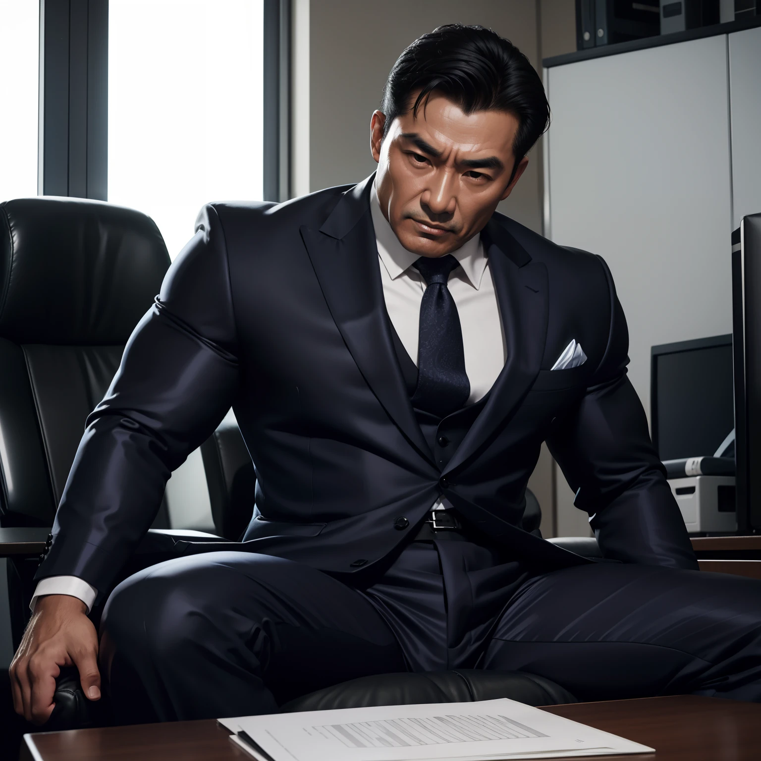 50 years old,daddy,shiny suit sit down,k hd,in the office,muscle, gay ,black hair,asia face,masculine,strong man,the boss is sitting so sexy