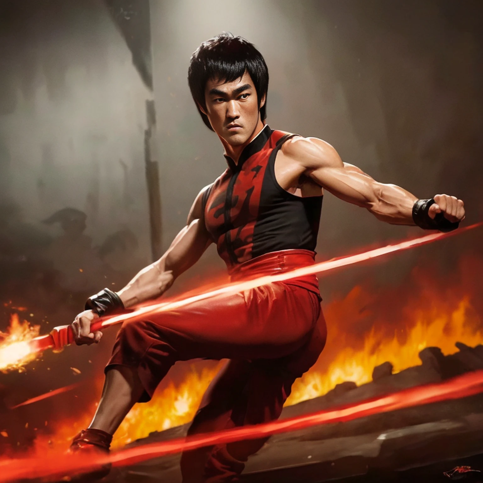 ator ((bruce lee)) como Liu Kang, Kombat mortal, headband red, black pants with red stripes, fogo no fundo, intrincado, High detail, foco nítido, Dramatic, arte de pintura fotorrealista por greg Rutkowski