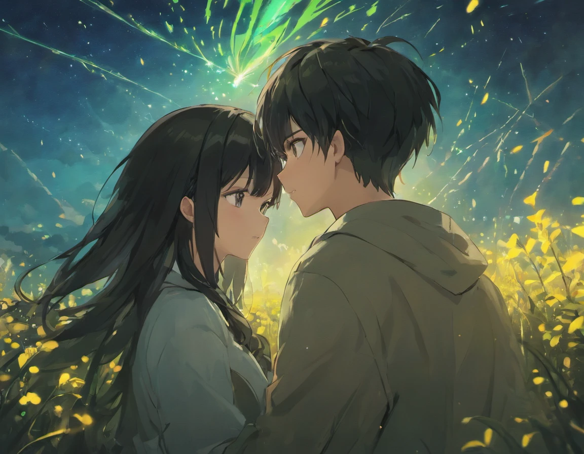 (tmasterpiece，best qualtiy)，illustration，Sister and brother，(1 sister with black hair:1.5)，(1. Brother with white hair:1.4)，Skysky，Skysky(As estrelas)，meteors，scenecy，dynamic viewing angle，Happy，Fireflies surround，colorful，hyper realisitc，dream magical，𝓡𝓸𝓶𝓪𝓷𝓽𝓲𝓬，ridiculous，standing with distance