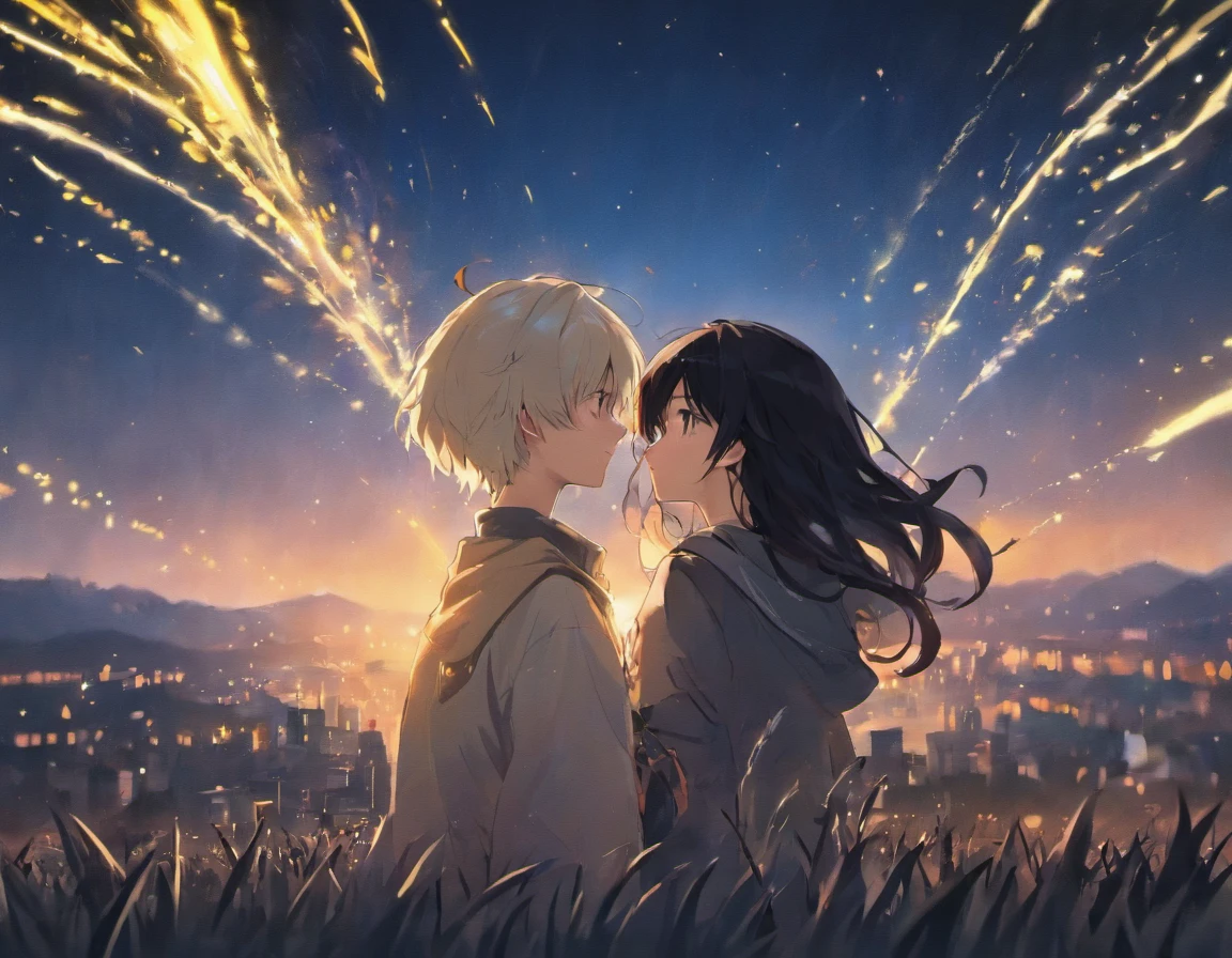 (tmasterpiece,best qualtiy),illustration,Sister and brother,(1 sister with black hair:1.5),(1. Brother with white hair:1.4),Skysky,Skysky(As estrelas),meteors,scenecy,dynamic viewing angle,Happy,Fireflies surround,colorful,hyper realisitc,dream magical,𝓡𝓸𝓶𝓪𝓷𝓽𝓲𝓬,ridiculous,standing with distance