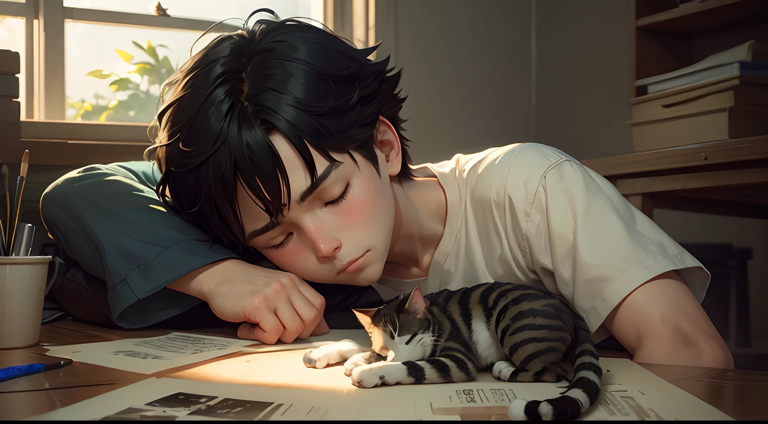 boy petting a sleeping kitten, acrylic painting, trending on pixiv fanbox, palette knife and brush strokes, style of makoto shinkai jamie wyeth james gilleard edward hopper greg rutkowski studio ghibli genshin impact