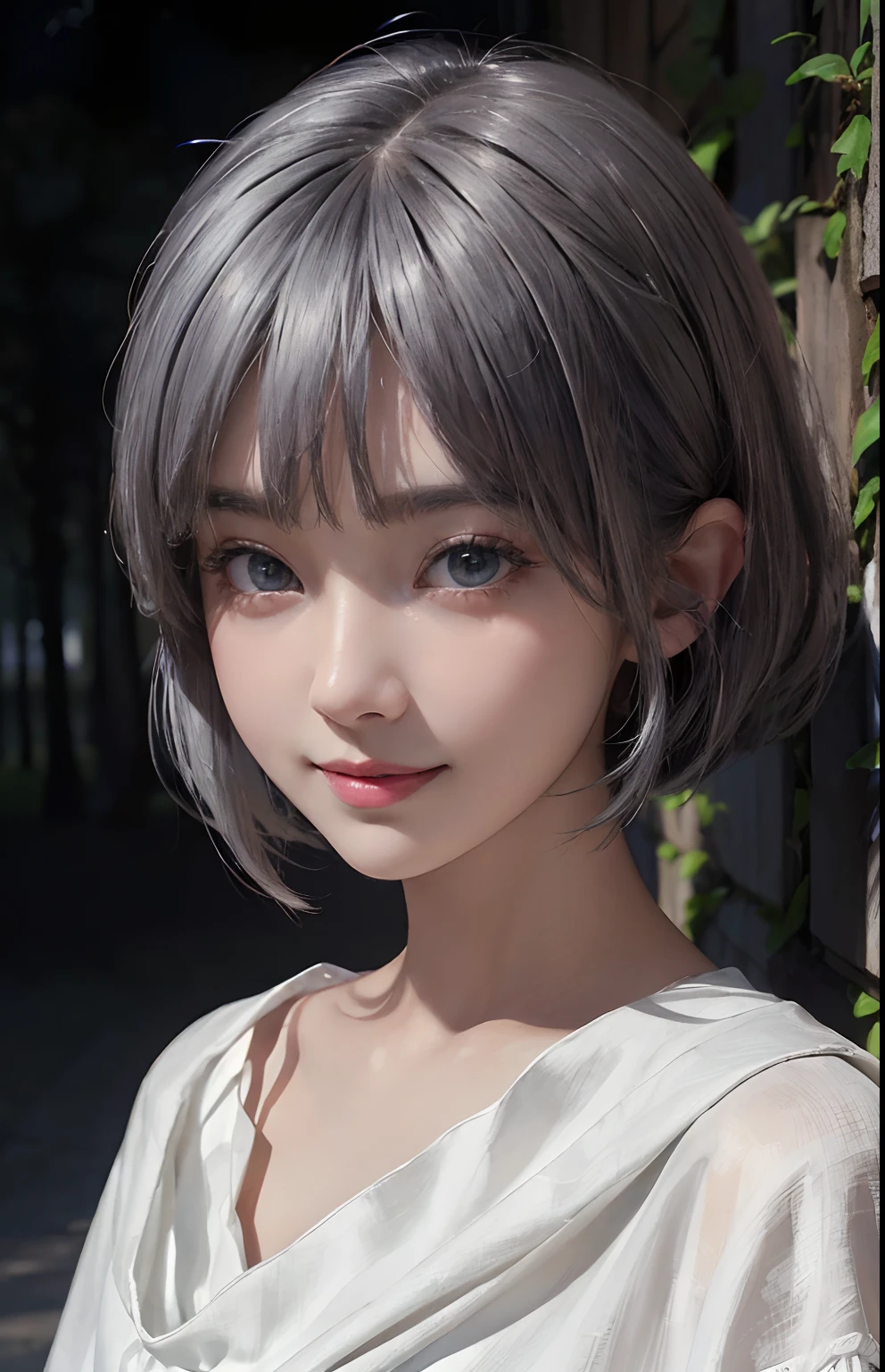 (A hyper-realistic)、(illustratio)、(hight resolution)、(8K)、(ighly detailed)、(Best Illustration)、(beautifully detailed eyes)、(top-quality)、(ultra-detailliert)、(masterpiece)、(wall-paper)、(A detailed face)、独奏、1 girl in、looking at viewert、fine detailed、A detailed face、in the darkness nigth、deep-shadows、lowkey、pureerosfaceace_v1、A smile、pixie cut、white Shawl、46-point diagonal bangs、gray hair