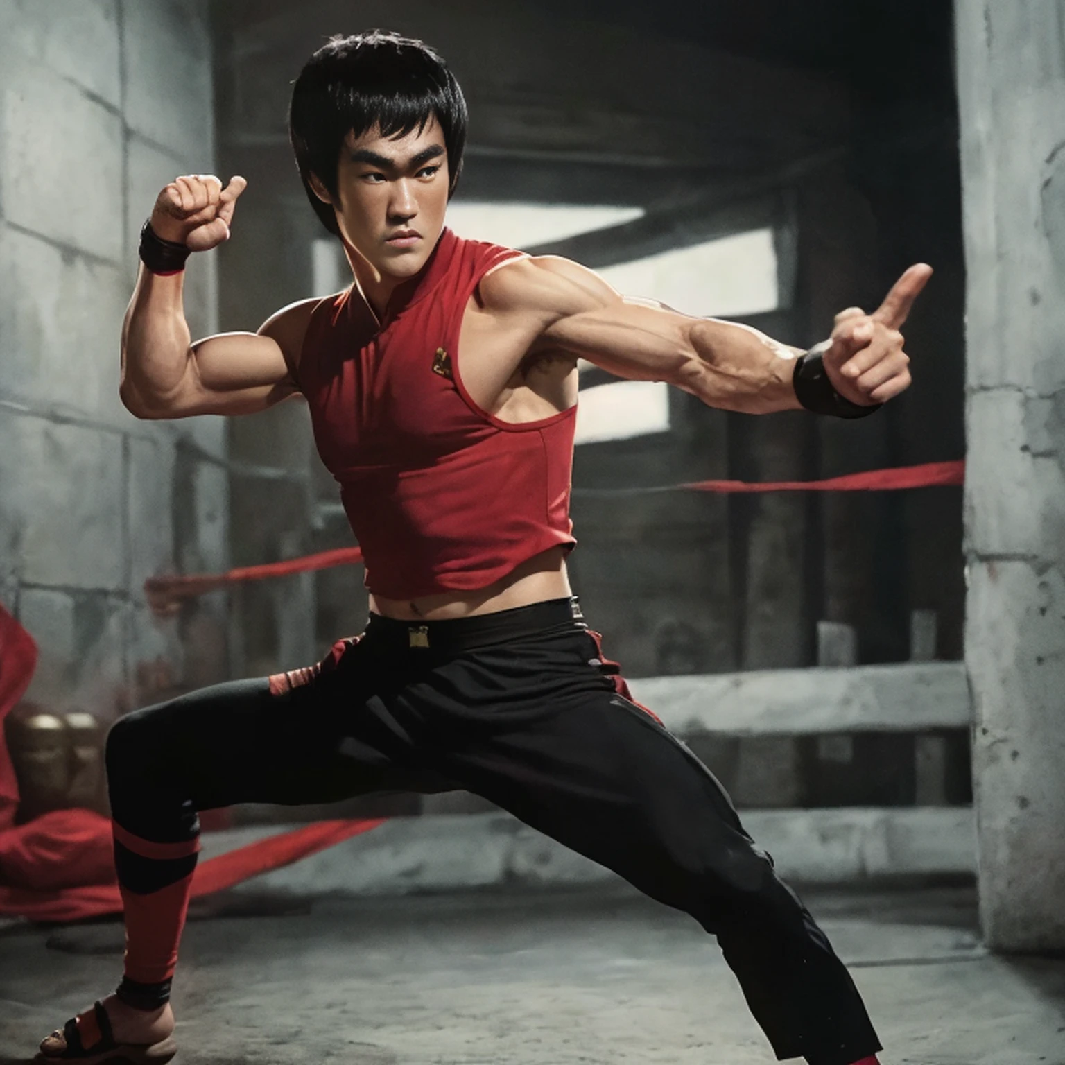 ator ((bruce lee)) como Liu Kang, Kombat mortal, headband red, black pants with red stripes, fogo no fundo, intrincado, High detail, foco nítido, Dramatic, arte de pintura fotorrealista por greg Rutkowski