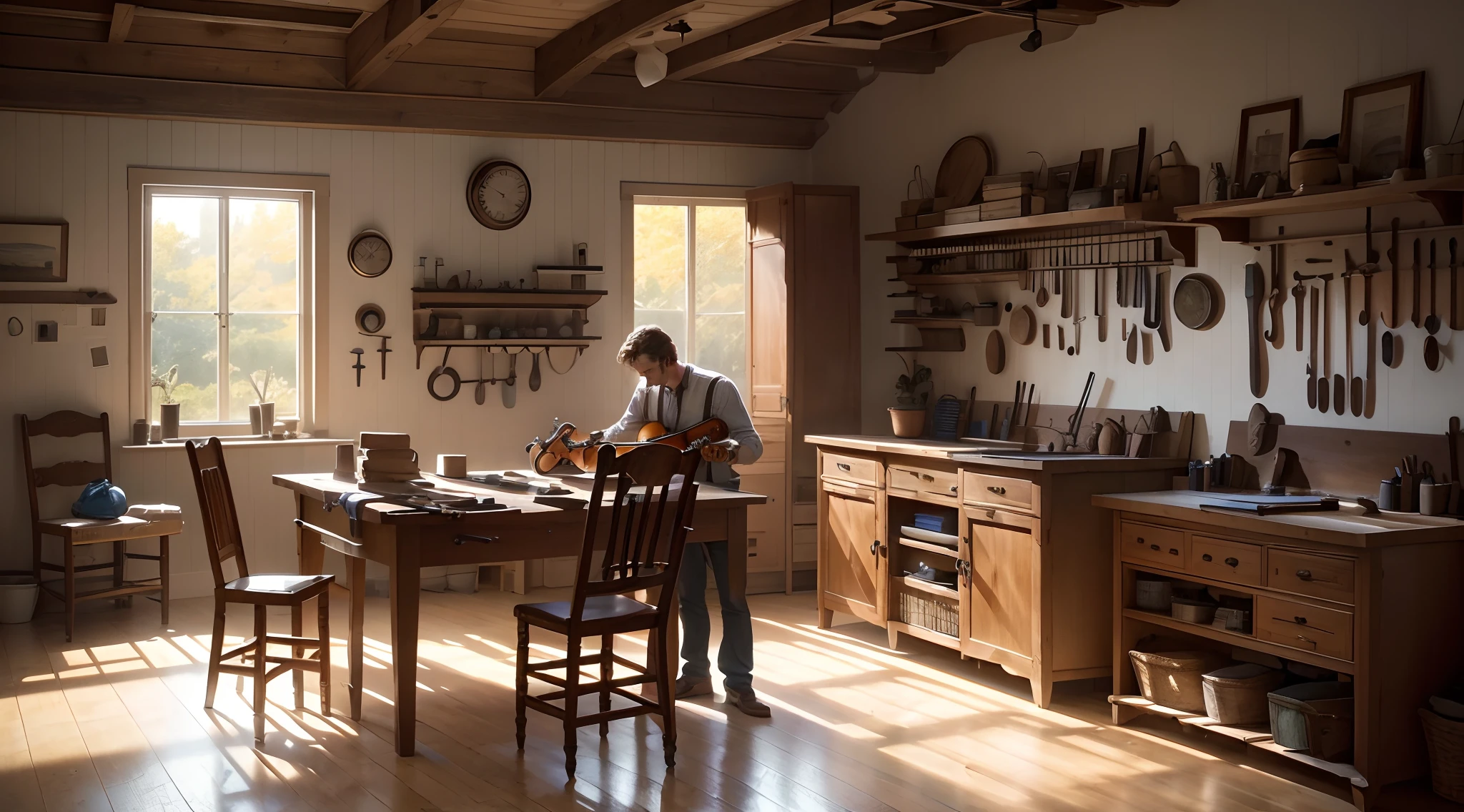 A man standing in front of a workbench makes a violin-type stringed musical instrument. (focus sur l'homme au travail)((Centerpiece, highly quality, high-definition, High Accuracy, beste-Qualit:1.2, 16k, Hdr, Canon 5d4), Extremely detailed, Higher resolution, photographie professionnel, .RAW)) The room is surrounded by warm light, filled with flying dust, The sun passes through the large windows amplifying the flying dust. solid wood workbench, sur lequel le luthier effectue travail. The workbench is equipped with vices to hold the instrument in place during repairs and construction. Le long des murs en bois, There are shelves filled with specialized tools (tels que des avions, des gouges, des calibres, des lime, des pinces et des brosses) hanging on the wall (luths, violons, cellos and guitars hanging on the walls). The floor is usually carpeted to absorb noise and provide a comfortable environment during long working hours