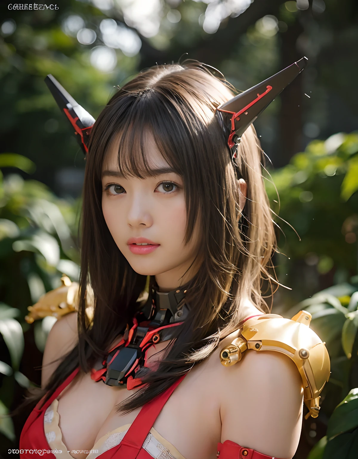 (1 Mechanical Girl)、top-quality、masterpiece、超A high resolution、(Photorealsitic:1.4)、Raw photo、女の子1人、Golden hair、glowy skin、(((1 Mechanical Girl)))、(LED Lamp Mechanical Helmet)、(beautiful forest background)、Precipitous cliffs、(Small LED)、((super realistic details))、portlate、globalillumination、Shadow、octan render、8K、ultrasharp、Colossal tits、Raw skin is exposed in cleavage、metals、Details of complex ornaments、Japan details、highly intricate detail、Realistic light、CGSoation Trends、Red Eyes、radiant eyes、Facing the camera、neon details、(Mechanical limbs)、(blood vessels connected to tubes)、Mechanical vertebrae attached to the back、mechanical cervical attaching to neck、(Wires and cables connecting to the head)、Gundam、Small LED、,Mechanical thighs、Toostock、