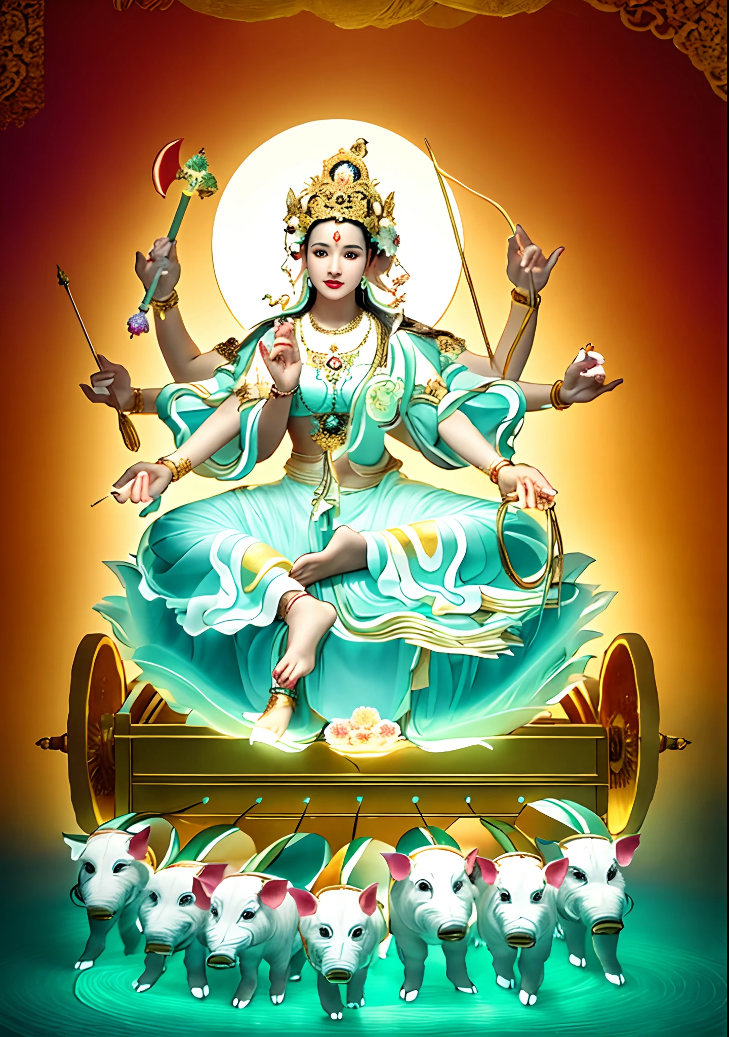 Beautiful woman sitting on a lotus in the car, Three-headed，In total, The arm has eight mudras，Barefoot on both feet，There are seven piglets pulling carts in front，goddess of love and peace, indian goddess of wealth, Heavenly Bodhisattva, full-colour illustration, goddess art, goddess of wisdom, an ancient Chinese goddess，photorealestic，professional photoshooting，Realiy，超高分辨率，tmasterpiece，