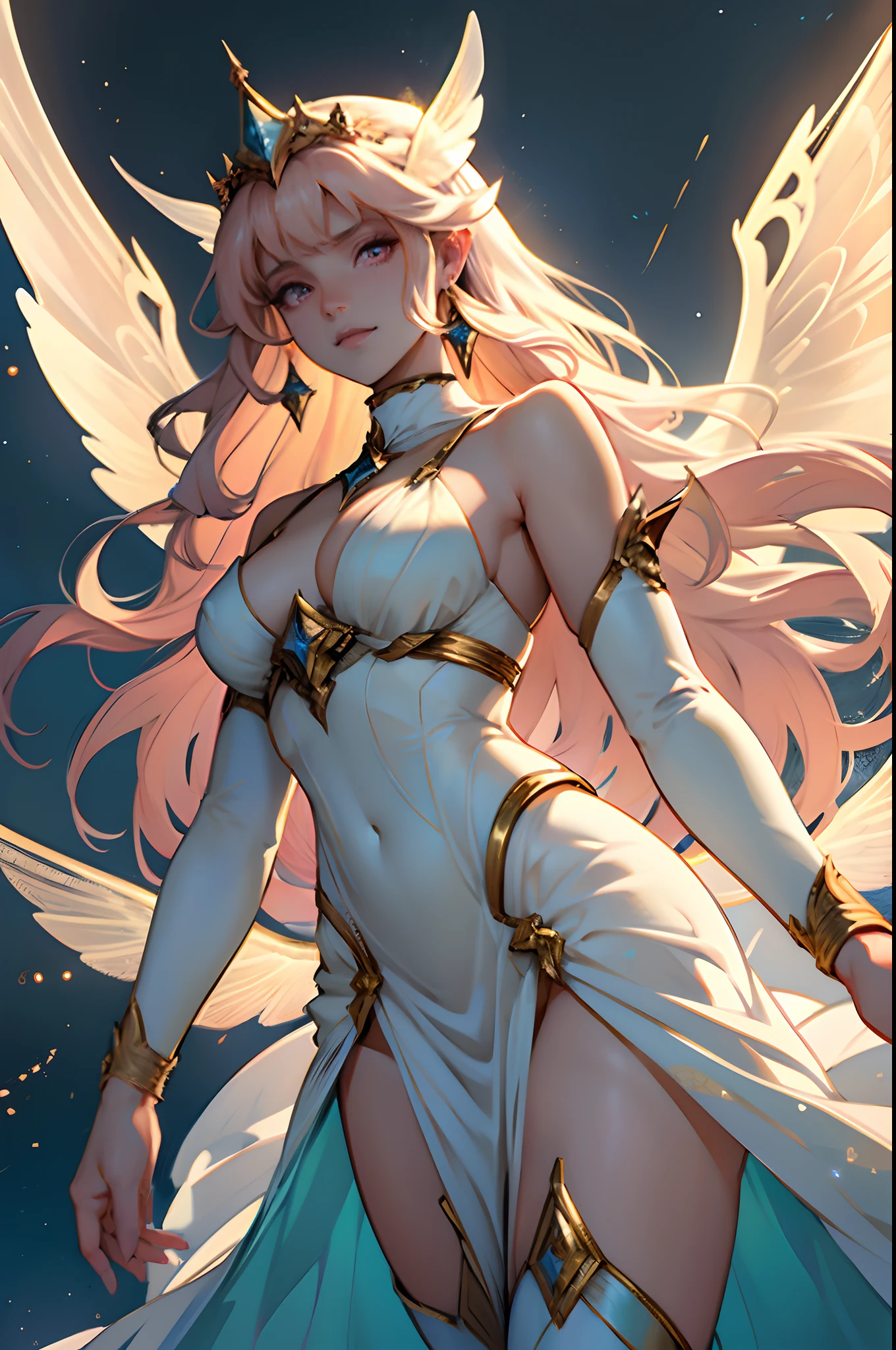 Um anjo, of a celestial entity that has no human characteristics. This divine entity is to be represented as an ethereal and transcendental being. She must have a radiant and ethereal body, composed of interlaced golden rings and 12 white moth white wings, Mothee's wings and thousands of huge eyes across the entire length of the angel's body, usando um vestido volumoso , Long peach and voluminous curly hair with bangs holding a golden AK47