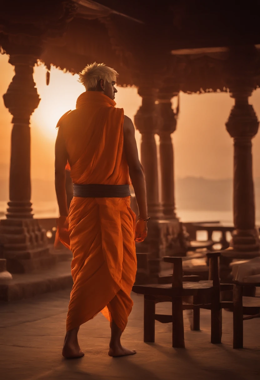 Naruto in Indian dhoti kurta in a Shiva temple holding a trishul with jiraiya, ultra HD quality, ultra realistic background, ultra realistic face,4k ultra realistic, sunrise.