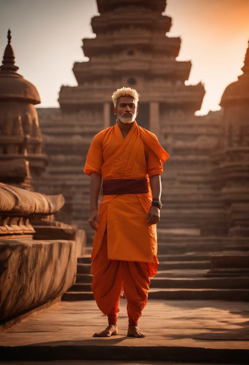 Naruto in Indian dhoti kurta in a Shiva temple holding a trishul with jiraiya, ultra HD quality, ultra realistic background, ultra realistic face,4k ultra realistic, sunrise.