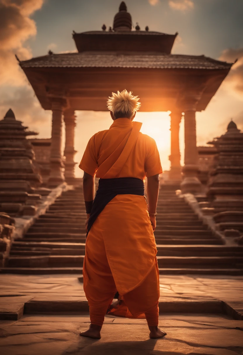 Naruto in Indian dhoti kurta in a Shiva temple holding a trishul with jiraiya, ultra HD quality, ultra realistic background, ultra realistic face,4k ultra realistic, sunrise.