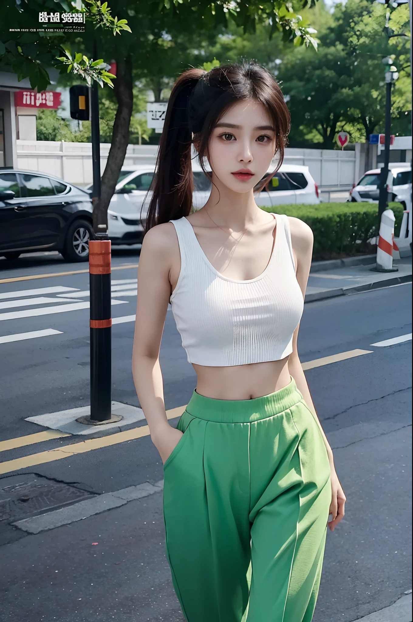 arafed asian woman in a newspaper top and green pants, korean girl, sexy girl, asian girl, beautiful asian girl, instagram model, gorgeous young korean woman, 18 years old, gemma chen, heonhwa choe, wenfei ye, croptop, xintong chen, crop top, 1 8 yo, 21 years old, young women korean model