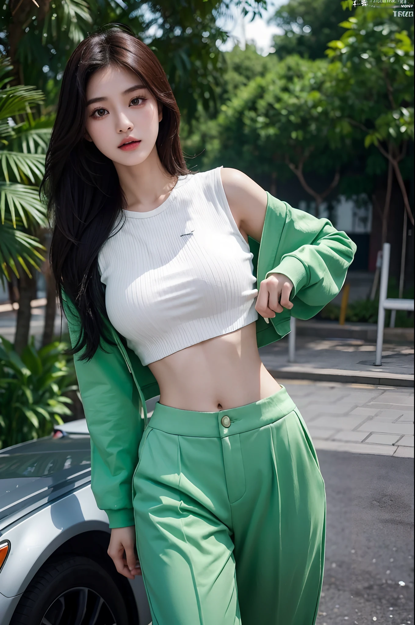 arafed asian woman in a newspaper top and green pants, korean girl, sexy girl, asian girl, beautiful asian girl, instagram model, gorgeous young korean woman, 18 years old, gemma chen, heonhwa choe, wenfei ye, croptop, xintong chen, crop top, 1 8 yo, 21 years old, young women korean model
