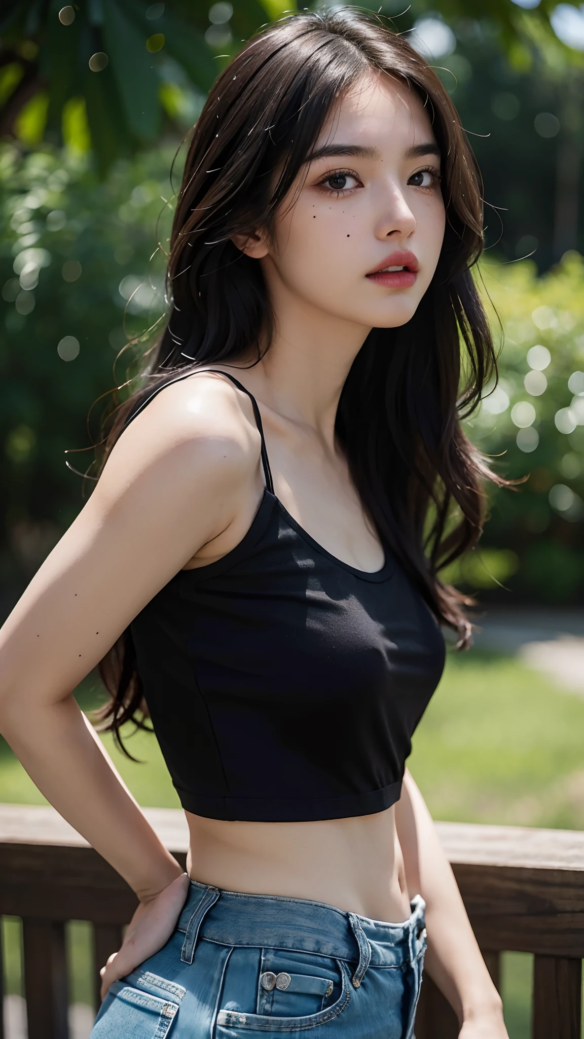 ((Best Quality, 8k, Masterpiece: 1.3)), Full Body, Focus Clear: 1.2, Outstanding Style: 1.4, Slender Abs: 1.2, ((Black Hair, Big: 1.2)), Black Tank Top, Highly Detailed Face and Skin Texture, Detailed Eyes, Double Eyelids