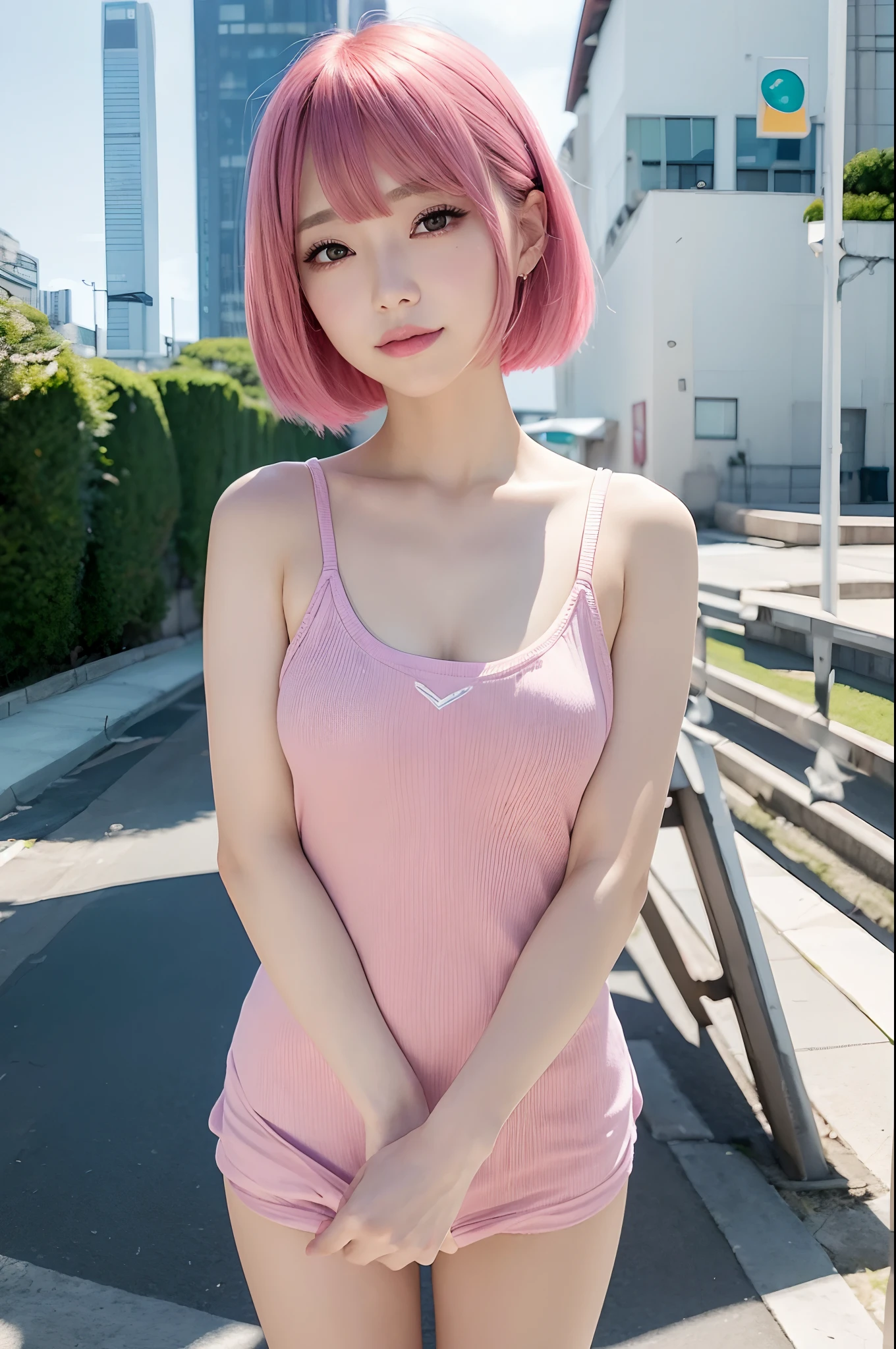 ((ultra-detailliert))、((Bright eye))、(A detailed eye)、8k、Blink、(Makeup Girl)、((real looking skin))、((Shiny facial skin))、Pink hair short、Bery short hair、straight、rossdraws pastel vibrant、rossdraws cartoon vibrant、Style 8k、Beautiful portrait、artgerm colorful!!!, !Dream artgerm、beautiful anime girl、Digital Art in Style、Art wallpaper 8k、digitalart、Highly detailed artgerm、cute little、Beautie、a smile、top-quality、masterpiece、超A high resolution、(Photorealsitic:1.5)、Raw foto、1girl in、cute little、Beautiful fece、Purple background、sexypose、OK Pose