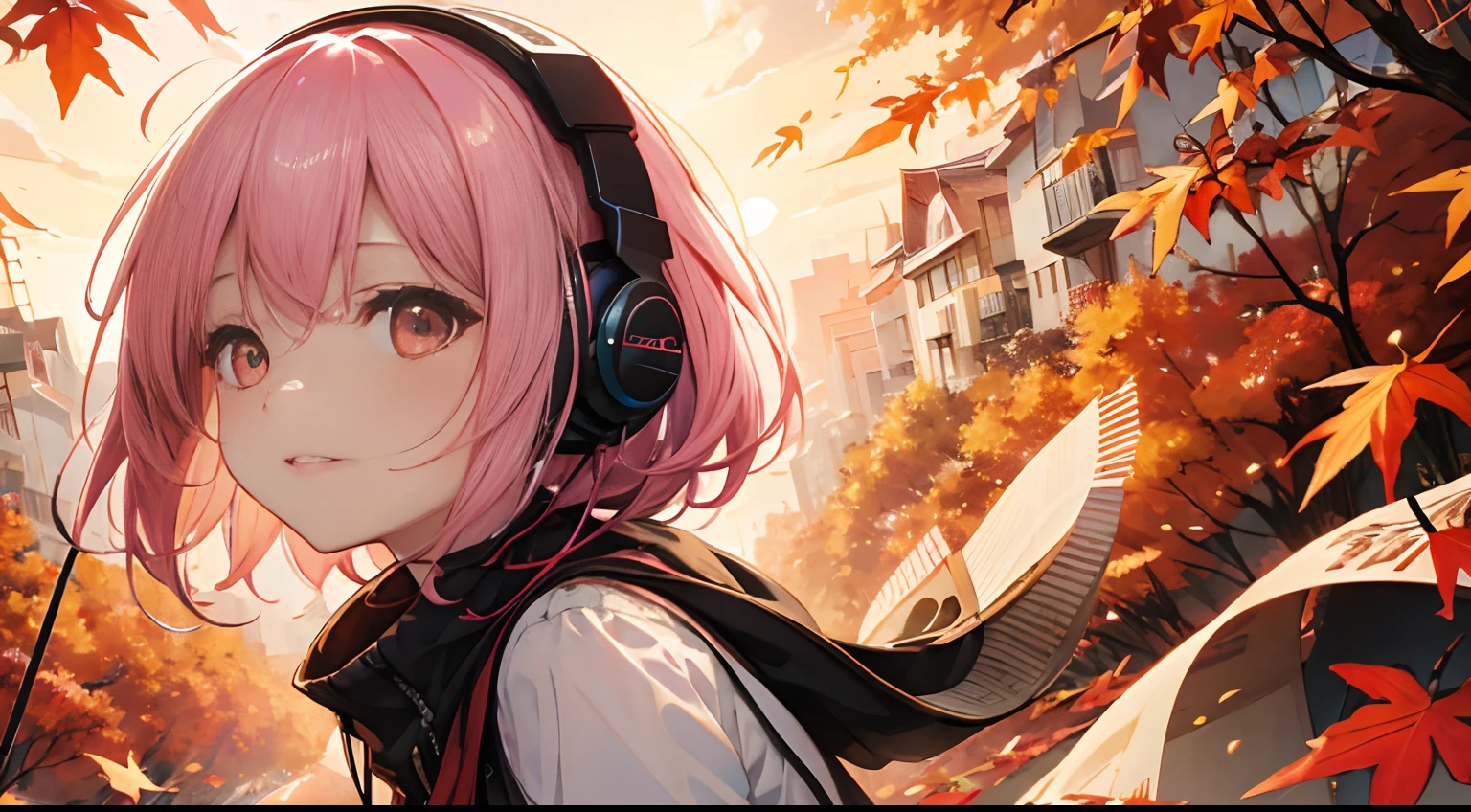 masterpiece、top-quality、Movie stills、1girl in、Landscape of autumn leaves、pink shorth hair、headphones、with light glowing、Happiness、Warm and soft lighting、Sunset of autumn leaves、(Spark:0.7)