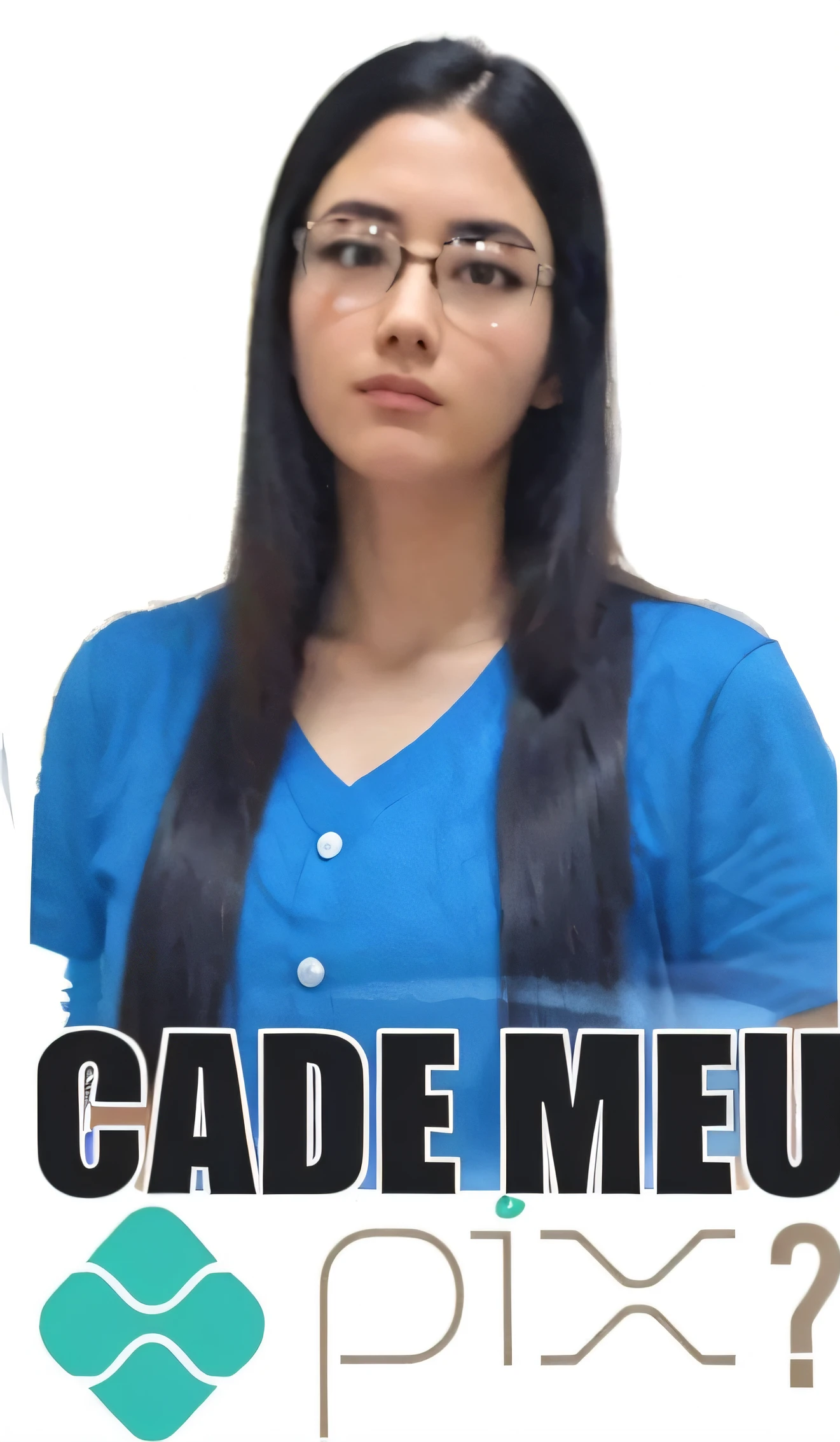Image of a woman with glasses and a blue shirt, Modelo de Mesmo, Mesmo do reddit, Mesmo formato, Memes, Mesmo, feito com photoshop, imagem vazada, estilo calude monet, imagem frontal, female with long black hair, queda tipo cae, Para mim, medium hair, medium-length hair, Facde Media |, middle length hair, Megumu Okada