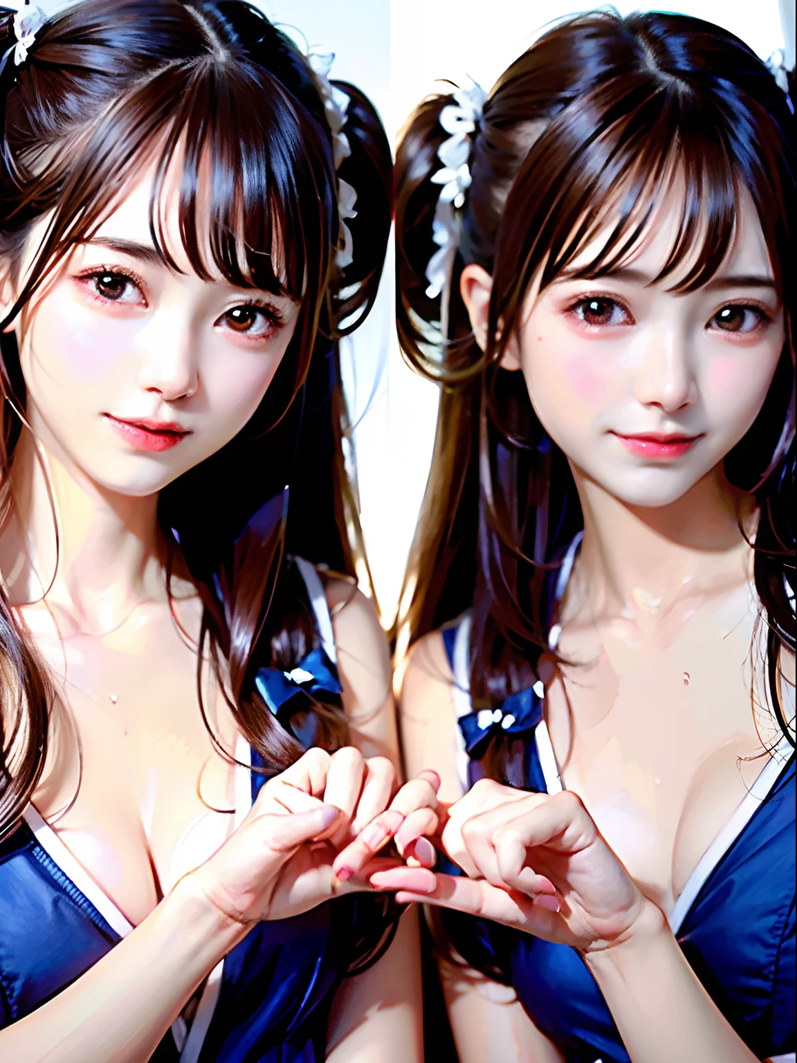 Girl, wet T-shirt (transparent), standing in the rain, holding a mobile phone in her hand, with the other hand on her chest, tied in a ponytail, school uniform to be draped over her shoulders, flat chest, without any cover, hands flat,