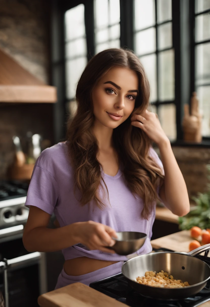 Arafed woman in sexy T-shirt, cooking, Sexy girl with brown eyes, portrait sophie mudd, brown hair and large eyes, selfie of a young woman, Chamber eyes, violet myers, no makeup, natural makeup, looking straight at camera, face with artgram, fine makeup, Excellent full-length photography, cleavage