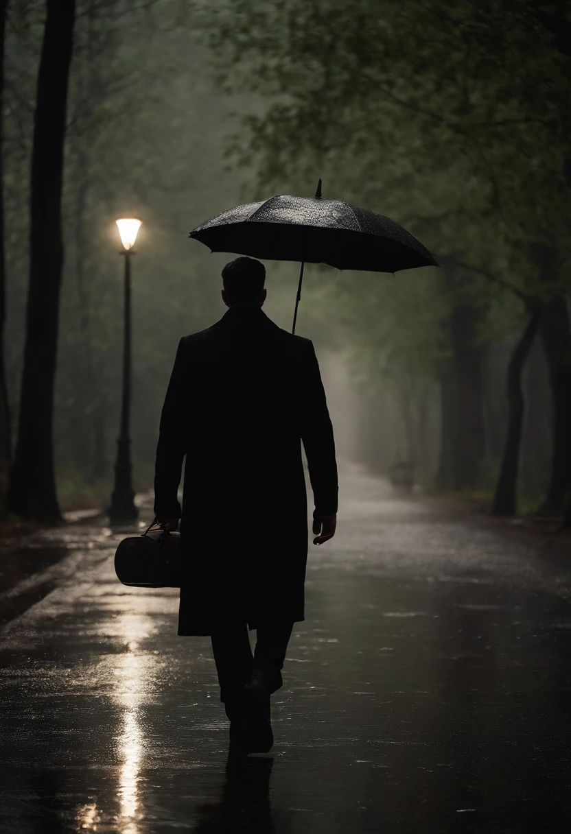 (best quality,4k,8k,highres,masterpiece:1.2),ultra-detailed,realistic,photorealistic:1.37,man in black clothes,man in black clothes walking,raytraced,rainy day,depressing,forest,streetlamp-lit background, two men, exploring the woods, heavy rainfall,volumetric lighting