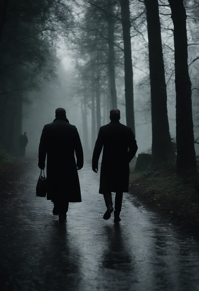 (best quality,4k,8k,highres,masterpiece:1.2),ultra-detailed,realistic,photorealistic:1.37,man in black clothes,man in black clothes walking,raytraced,rainy day,depressing,forest,streetlamp-lit background, two men, exploring the woods, heavy rainfall,volumetric lighting