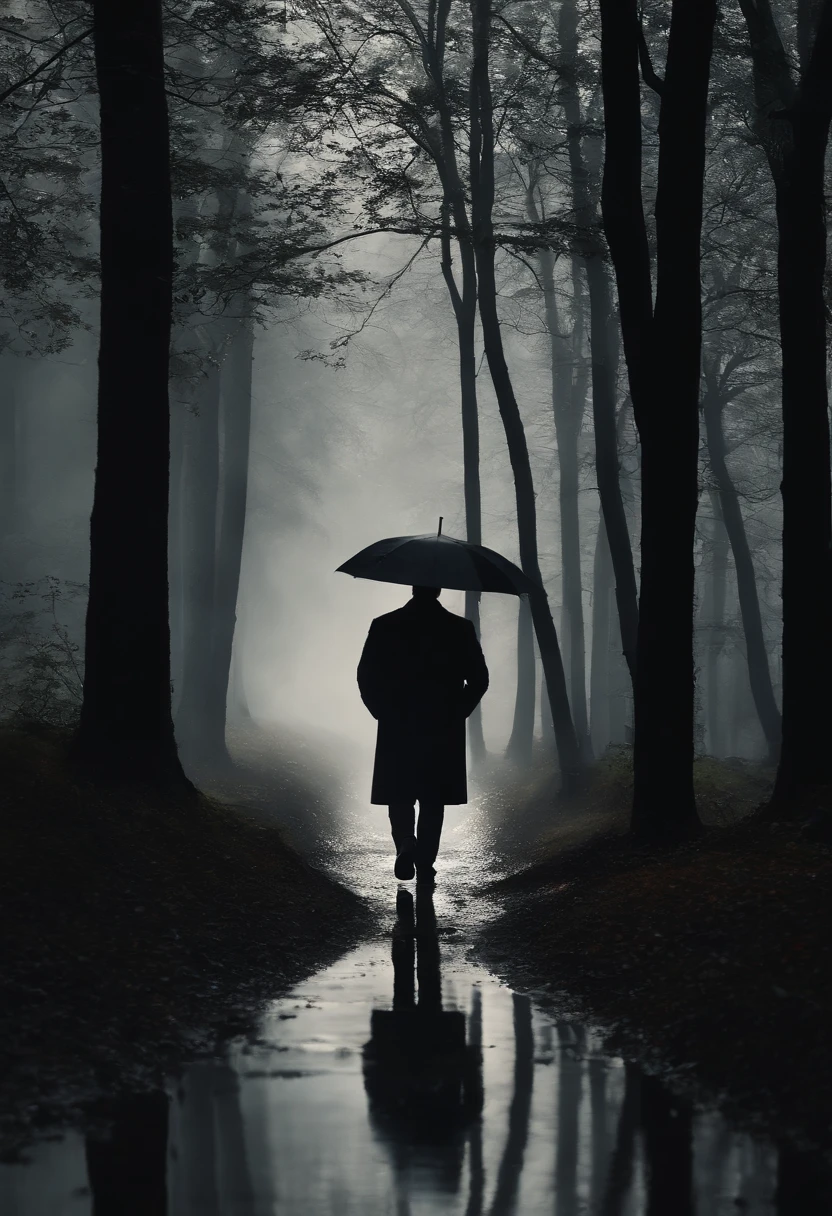 (best quality,4k,8k,highres,masterpiece:1.2),ultra-detailed,realistic,photorealistic:1.37,man in black clothes,man in black clothes walking,raytraced,rainy day,depressing,forest,streetlamp-lit background, two men, exploring the woods, heavy rainfall,volumetric lighting