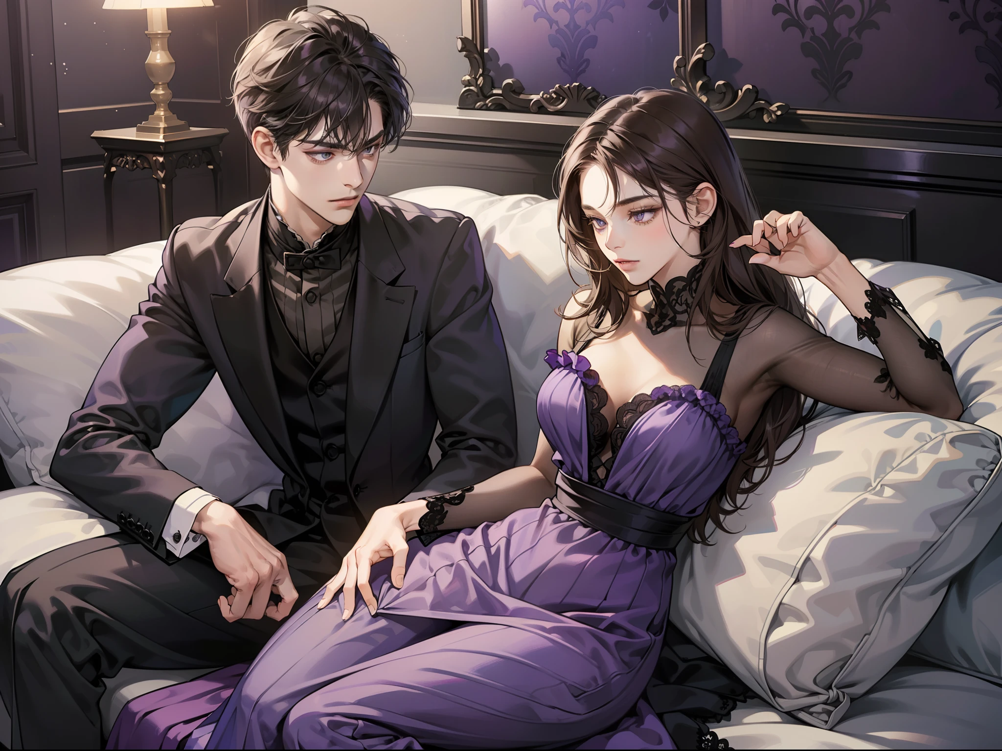 Couple, 1 girl 1 boy, different hair color, long black bang hair and purple eyes, (short dark brown hair and grey eye), romance, ((sexy dress)), Boy has grey eyes, Girl is shy, masterpiece, best quality, intimate, (lying on the sofa), (((accurate))), (sexy purple dress),(brown suit), Victorian era,