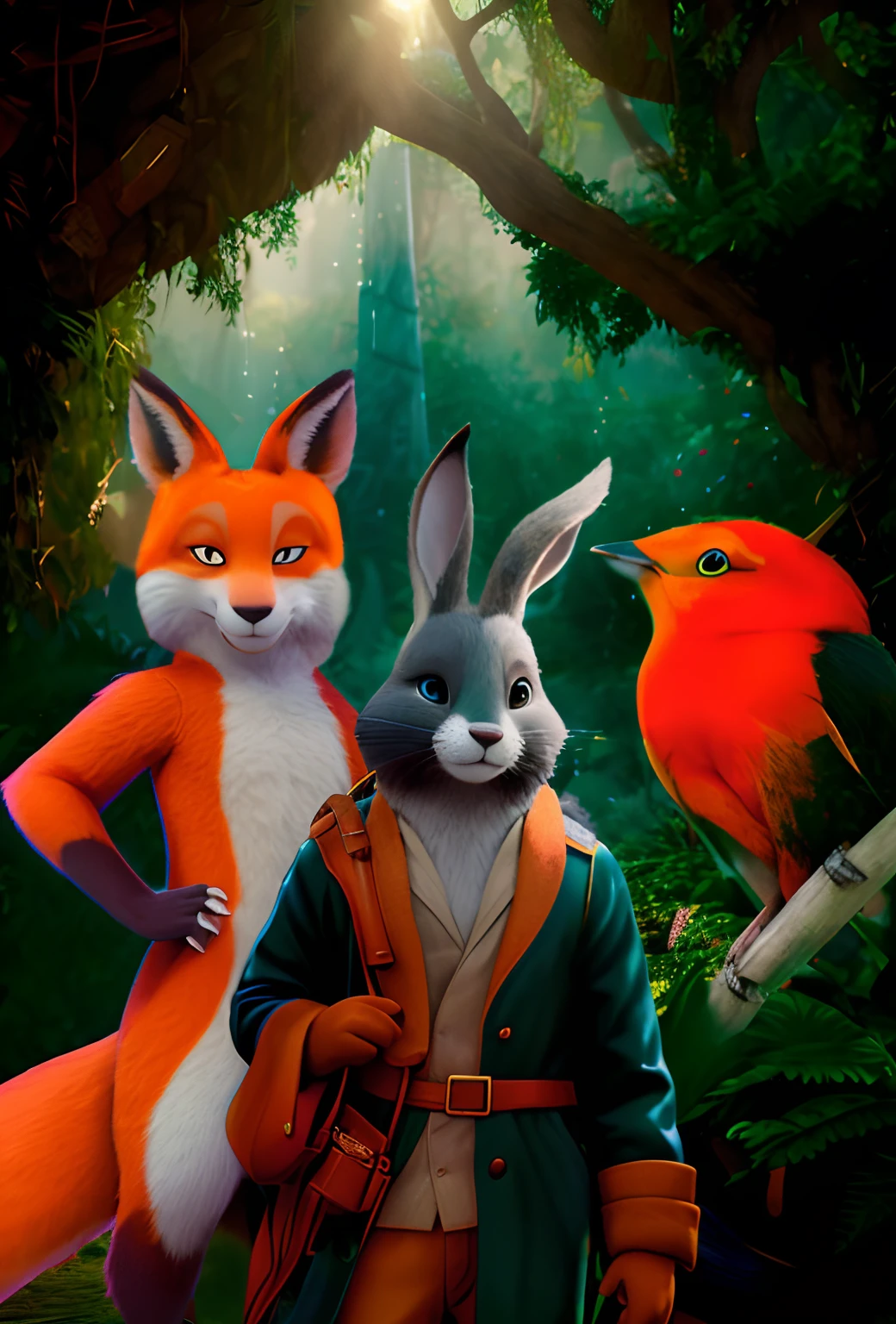 There are two animals that are standing next to each other, estilo de filme zootopia, Estilo Zootopia, no estilo da Zootopia Disney, Rabbt_character, Estilo Zootopia, em estilo de zootopia, imagem promocional do filme, zootopia 2, arte chave, Pixar Zootopia. 3D-rendering, Zootopia Disney, 3 bichos da floresta, three animals