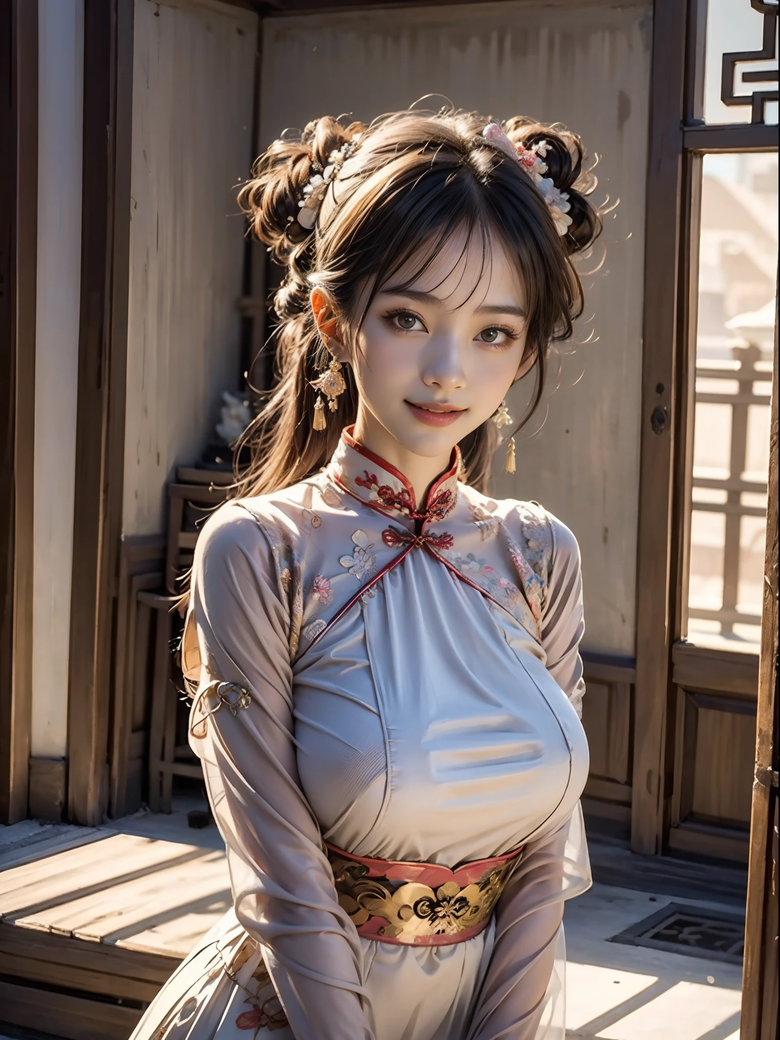 UHD, Masterpiece, High Quality, High Detail, Top Quality, Hi-Res, HD, 16k, 8k, 4K, Award-Winning BREAk, Surrealism, Realism, Depth of Field, Cinematic Lighting, Backlight, Symmetry, Bokeh, f/1.8, Eye Level Shot, 35mm, Hasselblad, Very Delicate and Beautiful, Very Detailed, Amazing, Fine Detail, Masterpiece, Best Quality, Official Art, Absurd, Incredibly ridiculous, Ultra detailed, High Definition, Very detailed, Beautiful detailed girl, ((Cowboy Shot: 1.25)), Break, Hair behind the ears, (Serious smile: 1.35), Very detailed eyes and face, Beautiful detailed eyes, Face light, 18 years old, (Red luxury cheongsam: 1.3), (Fantasy themed clothes: 1.3), Detailed clothes, (black long straight hairstyle: 1.2), detailed hair, (slender: 1.15), (huge breasts: 1.25), perfect anatomy, perfect proportions, (Ancient Chinese room background: 1.25), detailed background, (looking at the viewer, facing the viewer: 1.15), (seductive model pose), ancient Chinese chamber light, cinematic lighting.