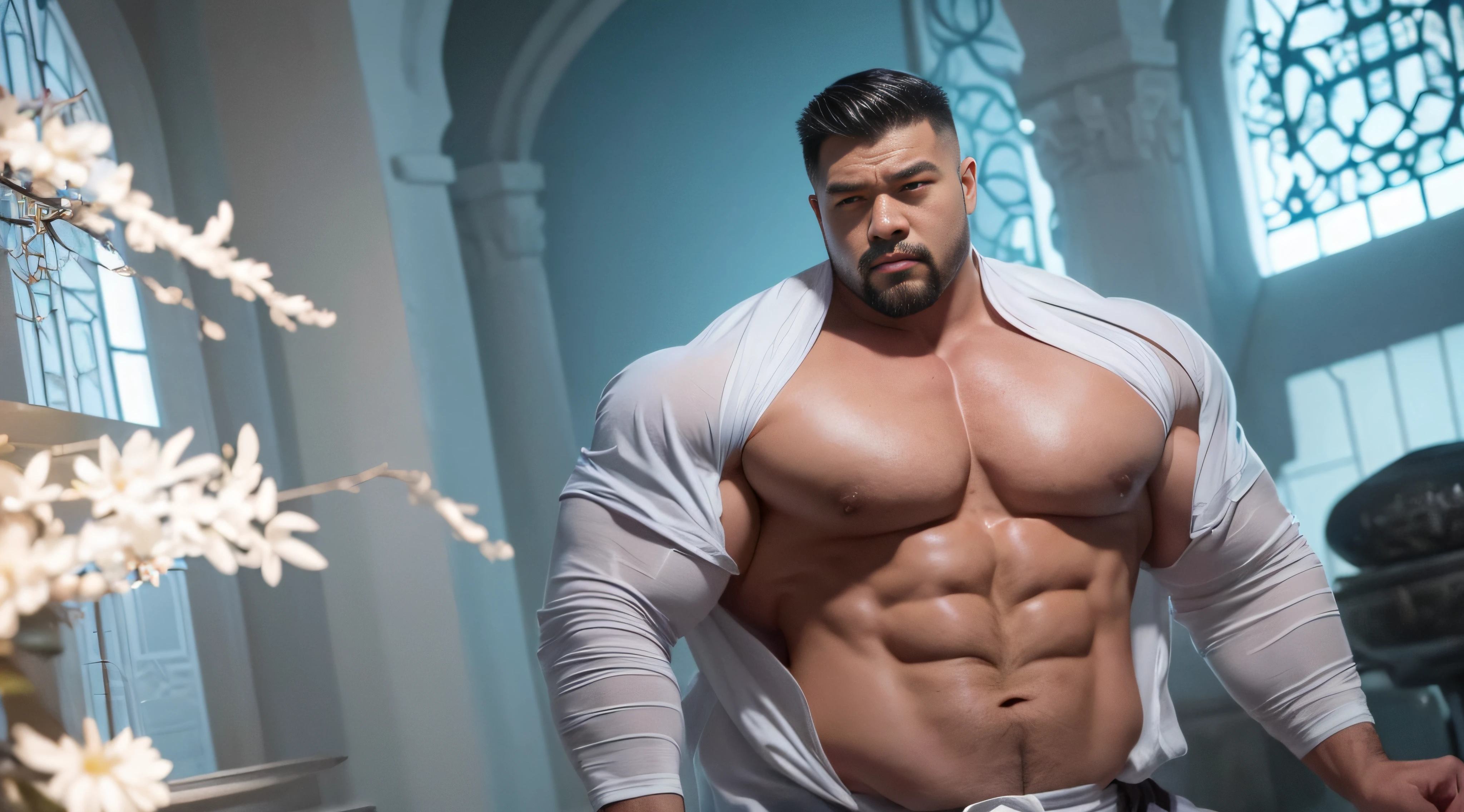 Elegant Chinese strong man, Strong physique, White robe, White Arabic pants, Light blue noble shirt, White boots, Messy light blue hair, A satisfied expression, Short hair, dark strong blue eye, Noble appearance, Armed with a silver spear, Ancient castle, medieval environment.short detailed hair,Short beard perfect figure with tattoos, Very huge and strong body, Bulging muscles, musculous, Very large pectoral muscles,Very sexy abs,The legs are muscular,Tall and mighty,Exposed Body,Tall and burly,toned figure,Huge genital bulging area,Brightens oily skin,Muscular。