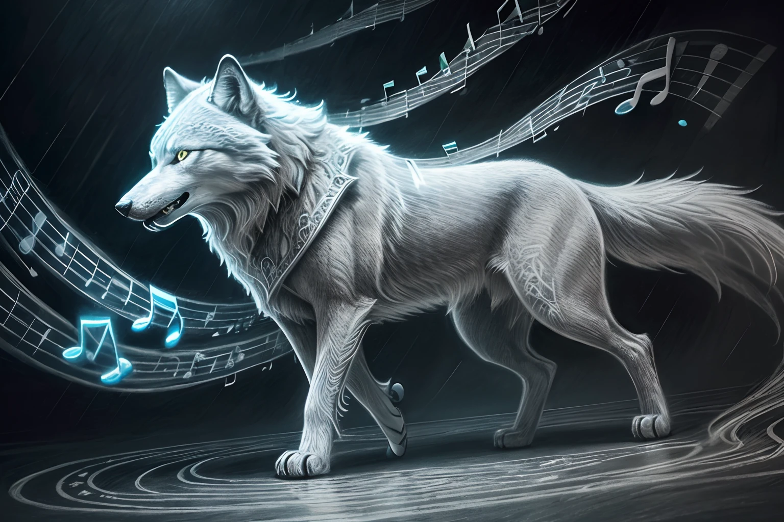 (fused gray wolf and electric and step), from below, (chalk drawing and extremely delicate touch:1.3), (fused intricate detailed lots note melody rain and musical score and swirling vortexes:1.3), intricate detailed texture, (highest quality:1.2), best quality, conceptual contrast, toon rendering, absurd resolution, groove,