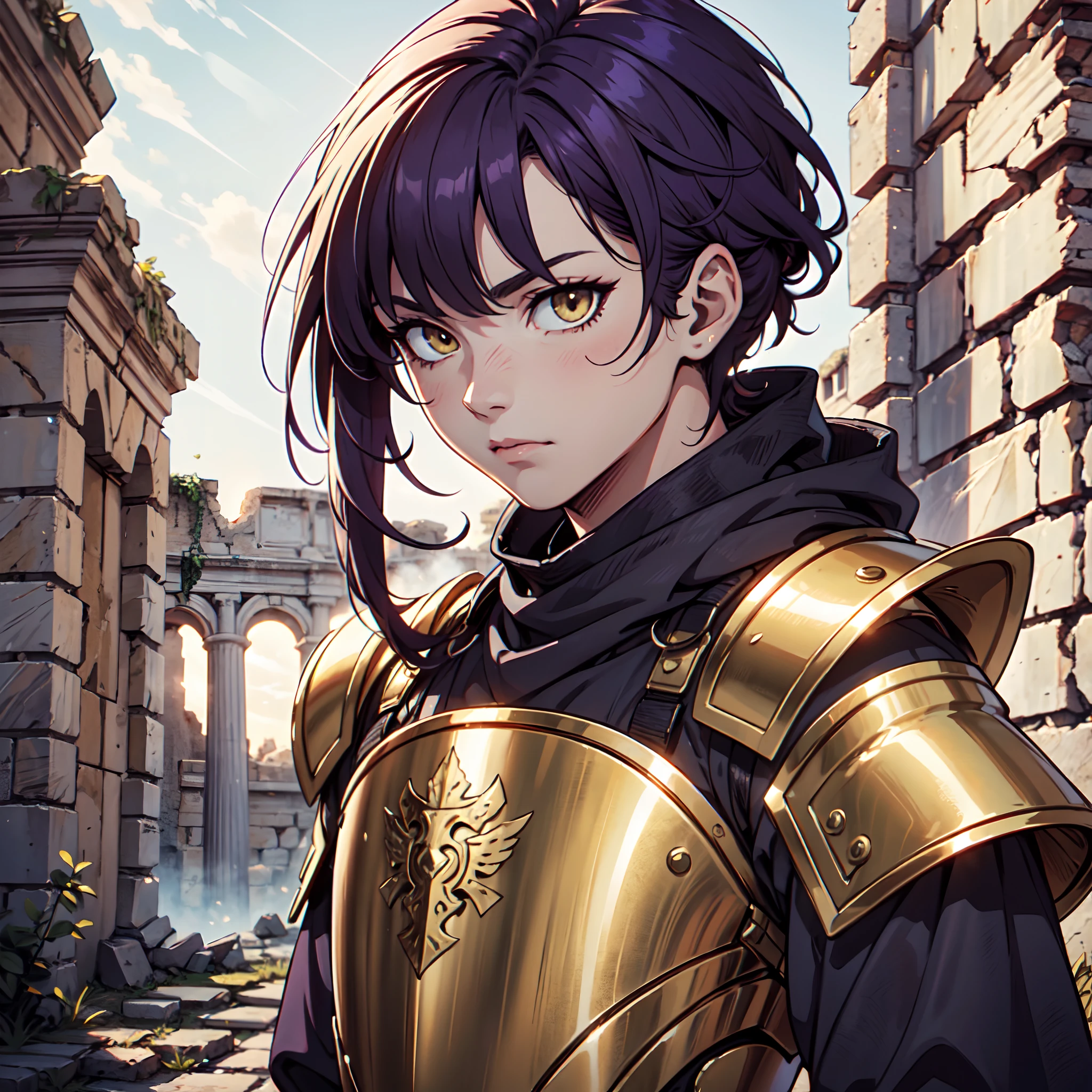 Ultra High Definition,
Ultra High Quality,
Hyper Definition,
Hyper Quality,
Hyper Detailed,
Extremely Detailed,
Perfectly Detailed,
Masterpiece,
8k,
1 Boy,
Anime,
Long Purple Hair,
Under Cut Hairstyle,
Solid Yellow Eyes,
Handsome,
Armored With Roman Emperor Armor,
Ancient Roman Empire Ruins Background,